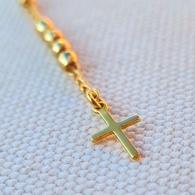 Visconte | Rozenkrans Ketting Met Kralen Goldfilled - Kruisje Hanger - Geloof Sieraad