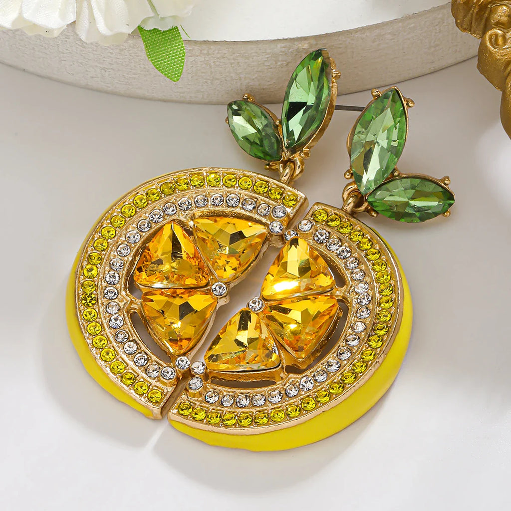 Crystal Lemon Earrings | Gouden Citrusoorringen met Kristallen voor de Zomer