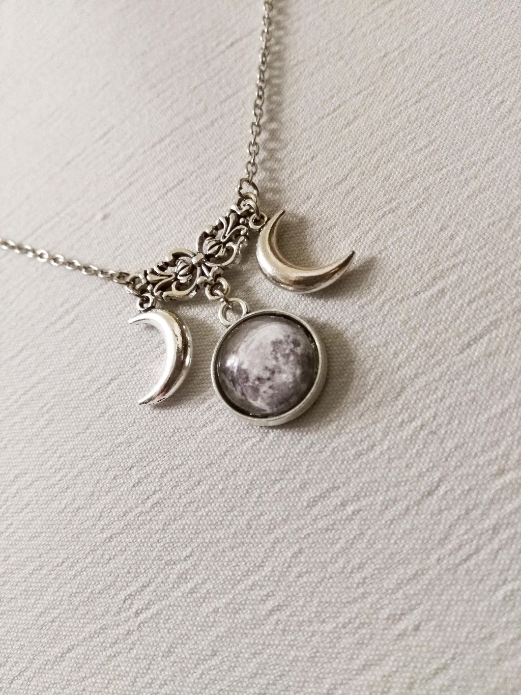 Silver Triple Moon Goddess Necklace - Wiccan & Pagan Jewelry with Half Moon Pendant