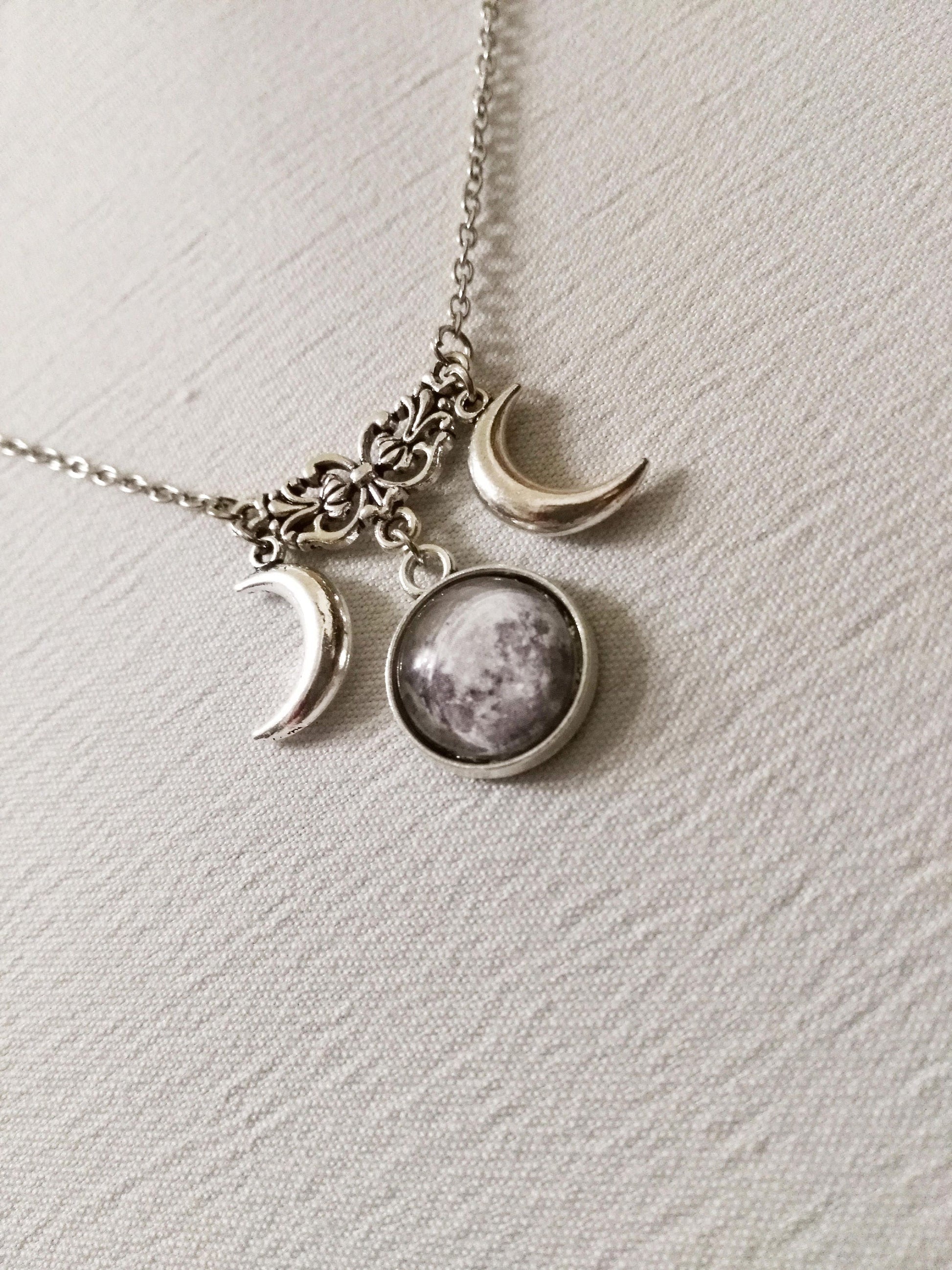Silver Triple Moon Goddess Necklace - Wiccan & Pagan Jewelry with Half Moon Pendant