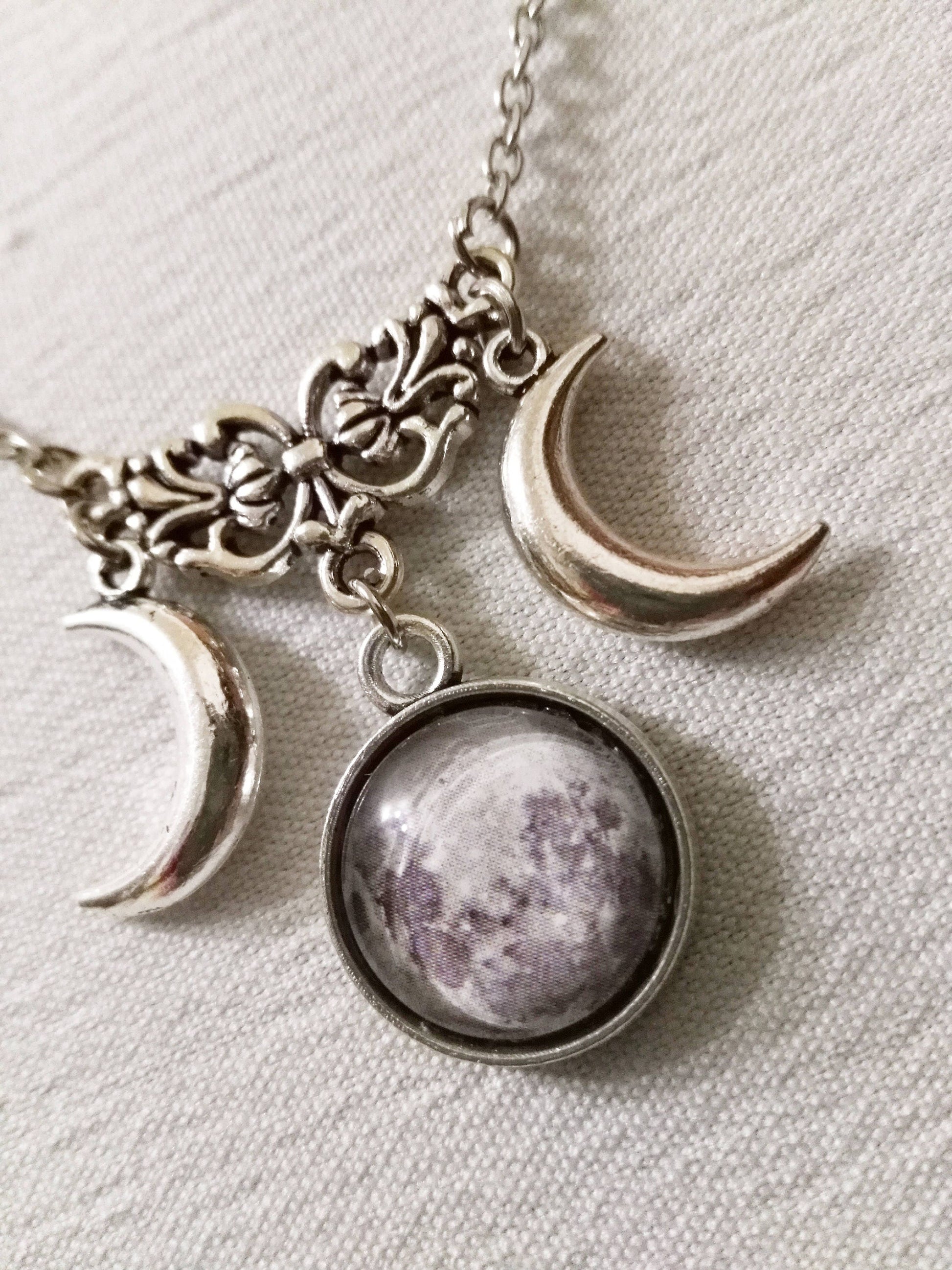 Silver Triple Moon Goddess Necklace - Wiccan & Pagan Jewelry with Half Moon Pendant