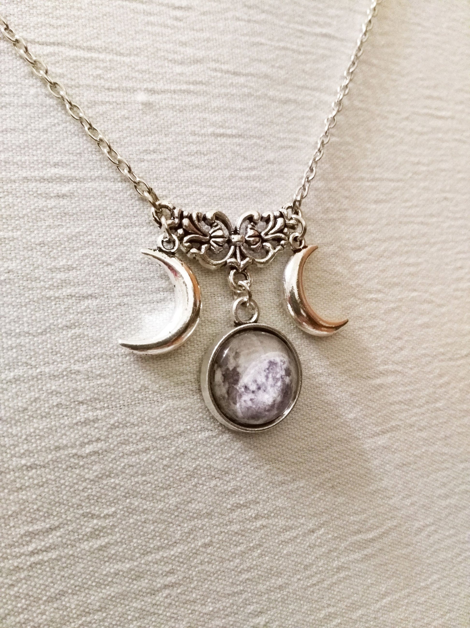 Silver Triple Moon Goddess Necklace - Wiccan & Pagan Jewelry with Half Moon Pendant