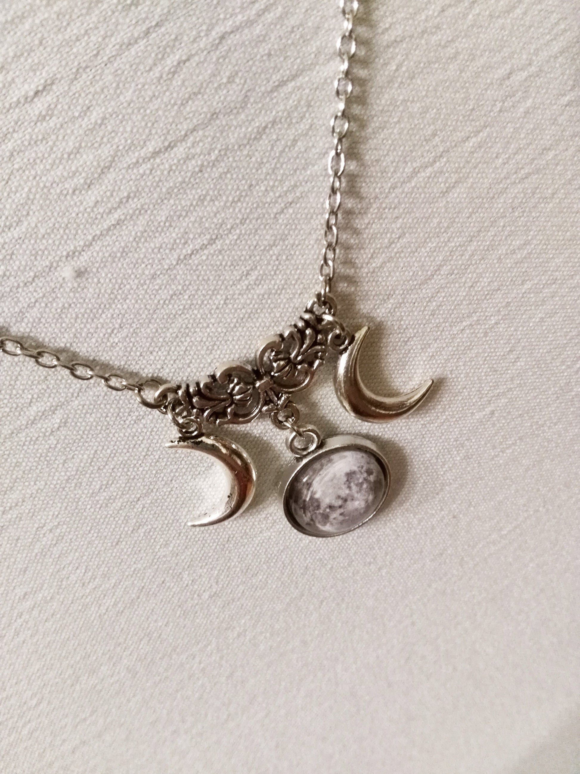 Silver Triple Moon Goddess Necklace - Wiccan & Pagan Jewelry with Half Moon Pendant