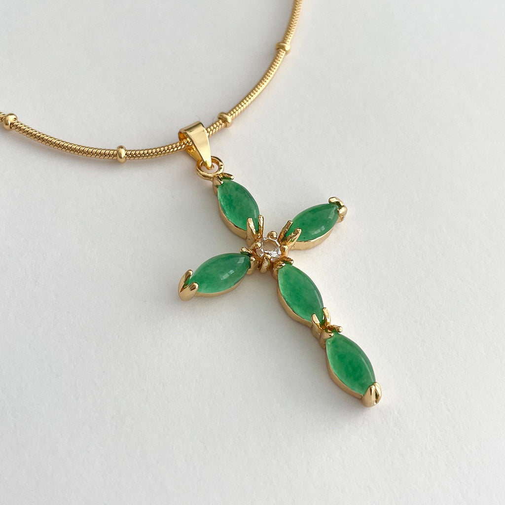 Emerald & Jade Cross Pendant Necklace - 18k Plated Statement Jewelry with Unique Charm