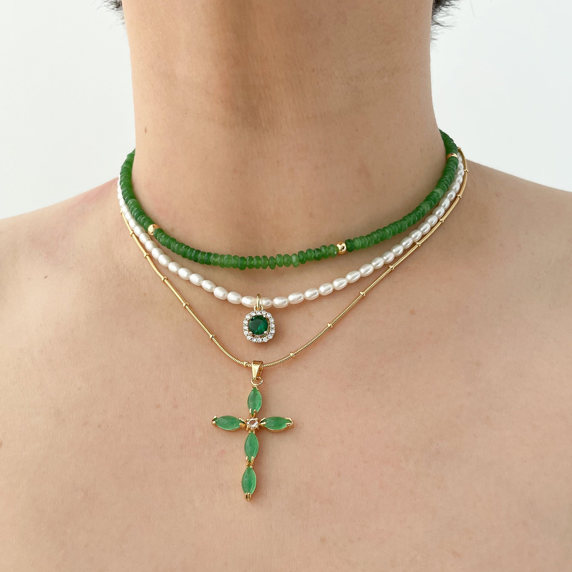 Emerald & Jade Cross Pendant Necklace - 18k Plated Statement Jewelry with Unique Charm