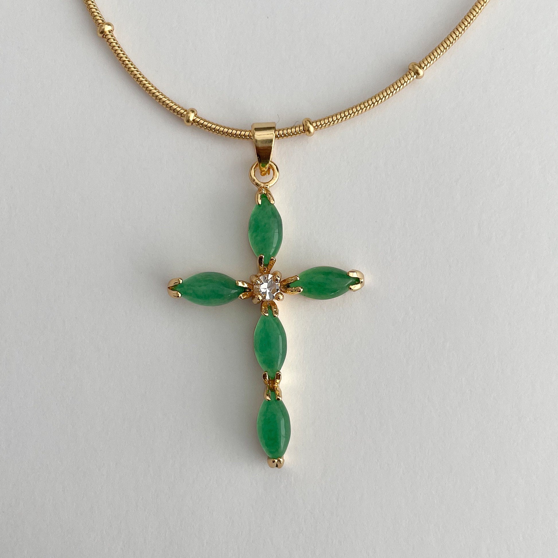 Emerald & Jade Cross Pendant Necklace - 18k Plated Statement Jewelry with Unique Charm