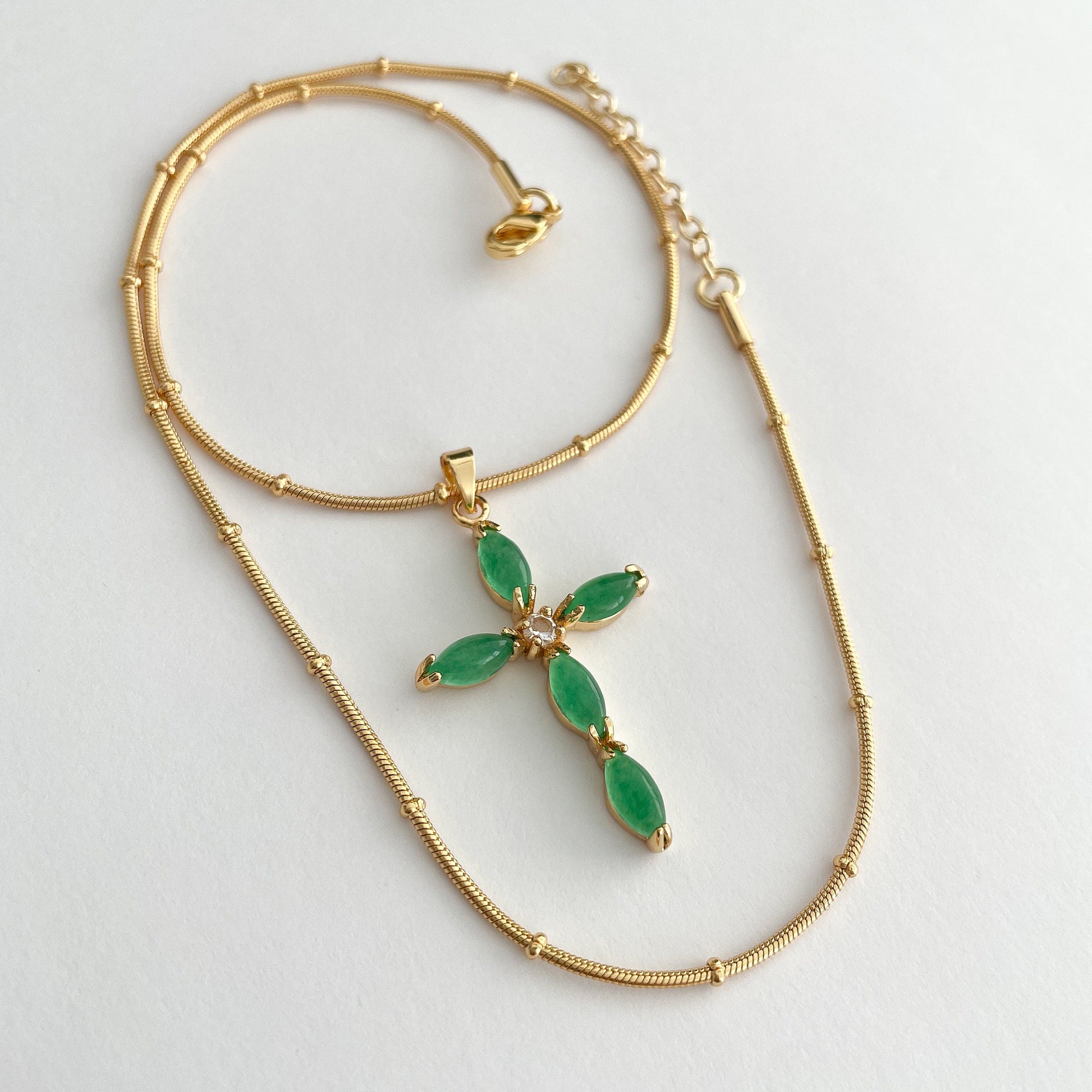 Emerald & Jade Cross Pendant Necklace - 18k Plated Statement Jewelry with Unique Charm