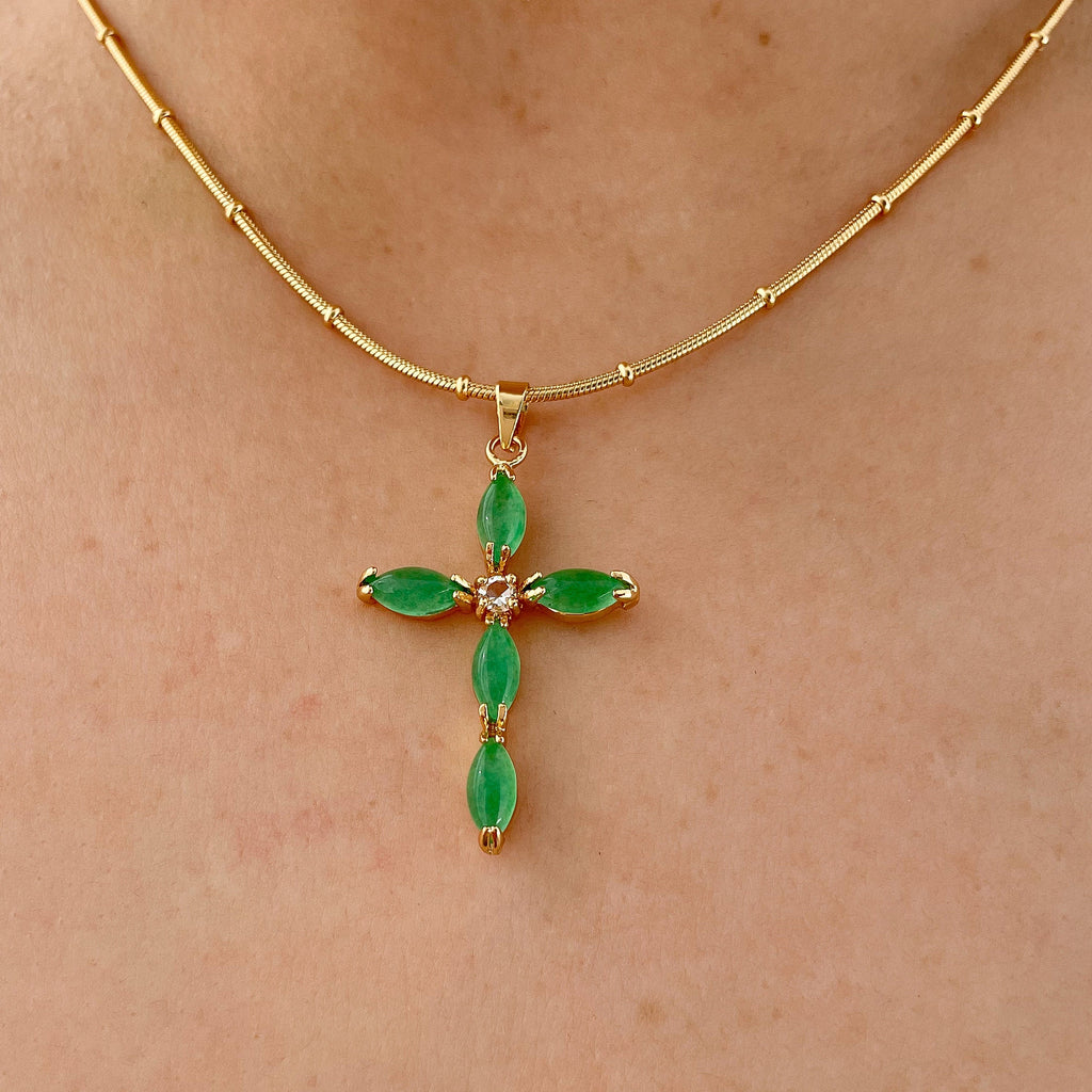 Emerald & Jade Cross Pendant Necklace - 18k Plated Statement Jewelry with Unique Charm