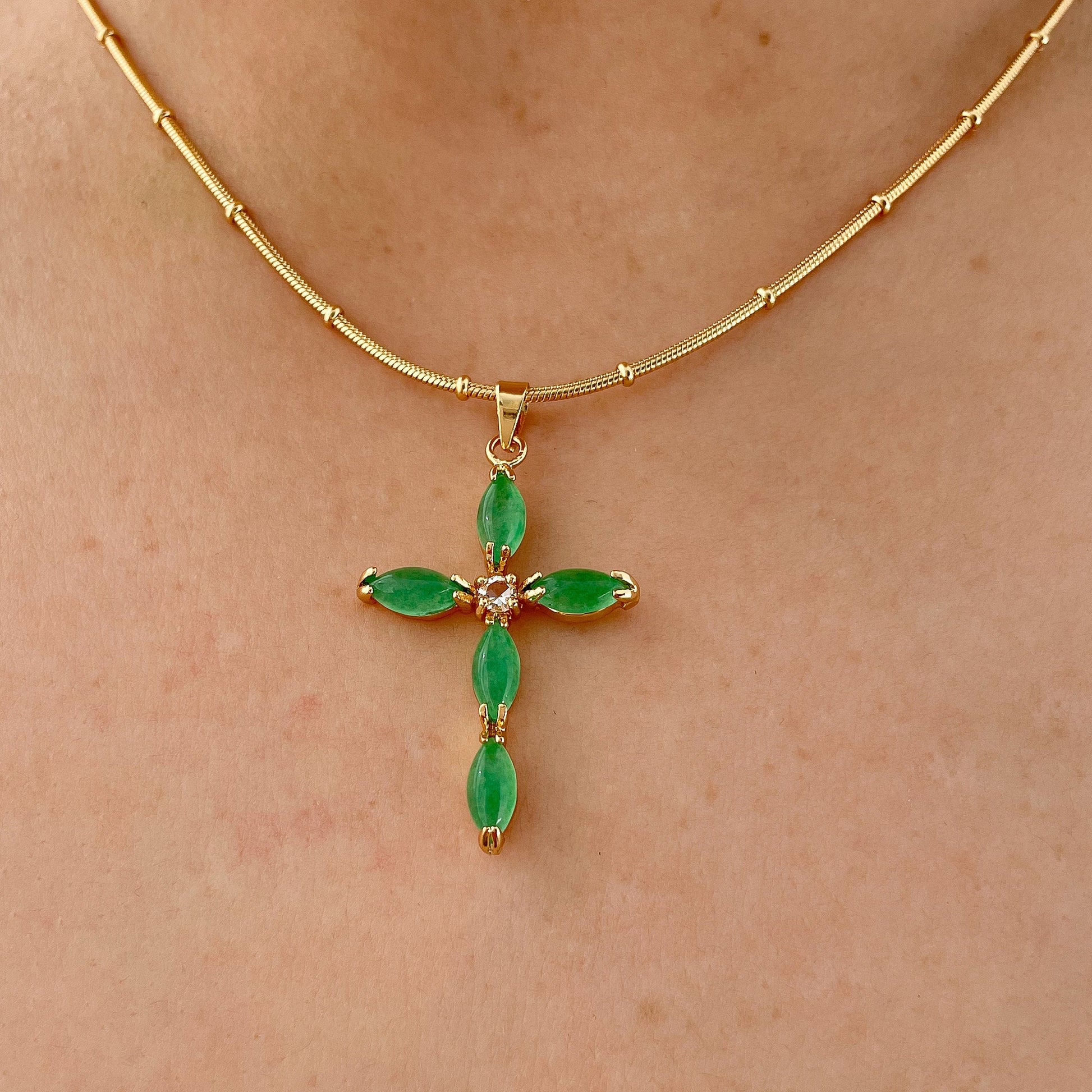 Emerald & Jade Cross Pendant Necklace - 18k Plated Statement Jewelry with Unique Charm