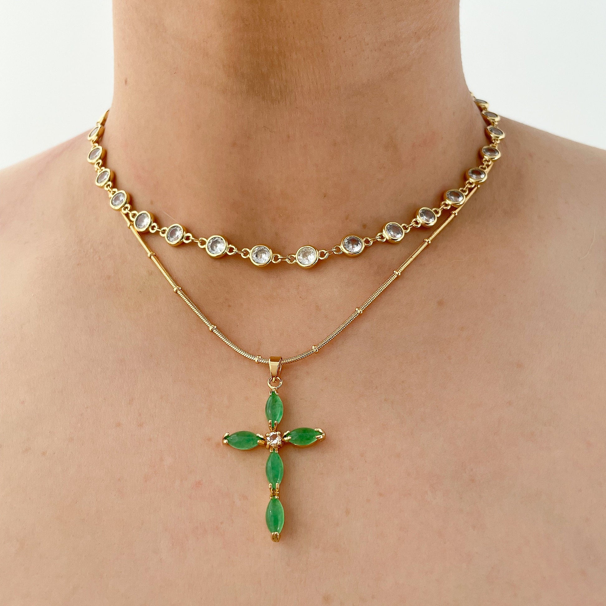 Emerald & Jade Cross Pendant Necklace - 18k Plated Statement Jewelry with Unique Charm