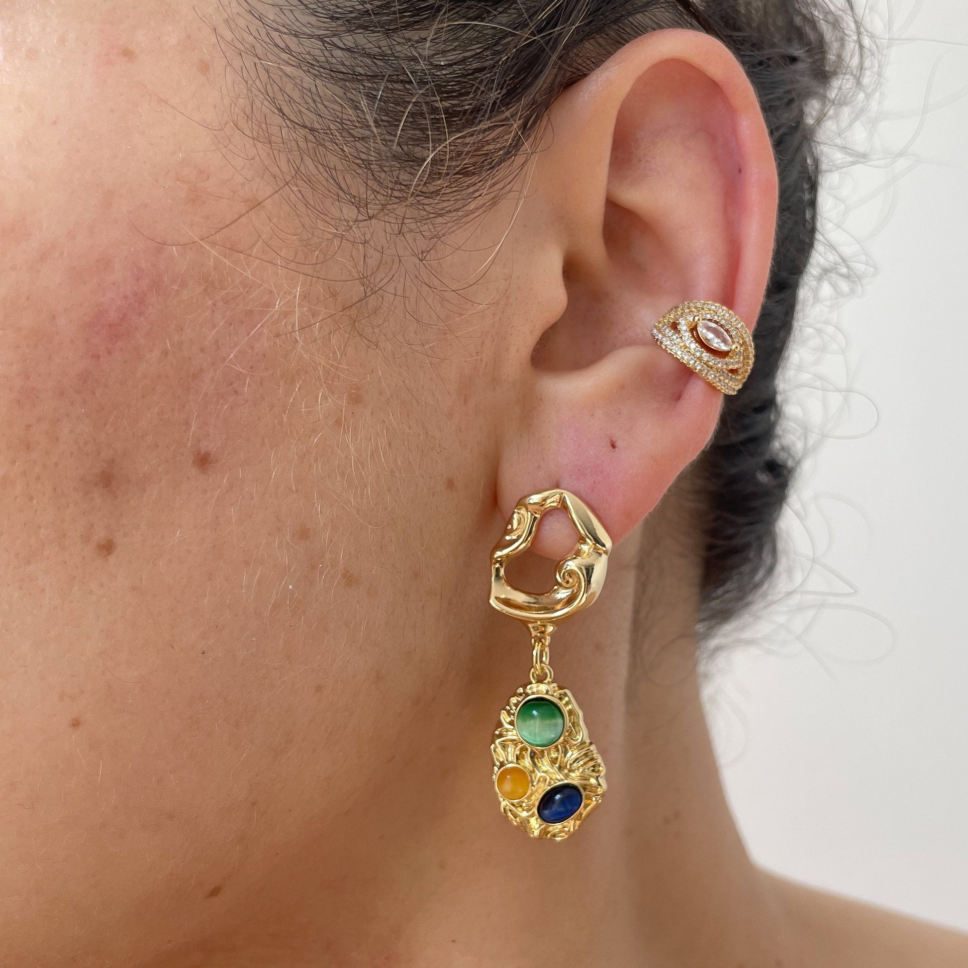 Gold Dangle Earrings with Multi-Gemstones | Chunky Statement Drop Earrings 14k Gold Plated