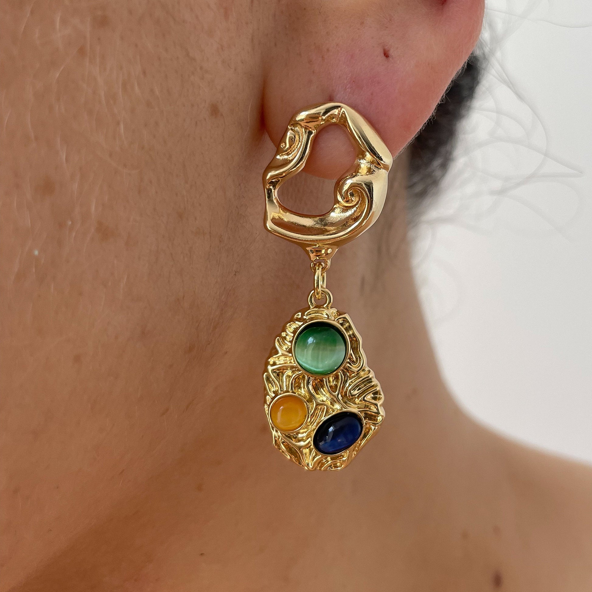 Gold Dangle Earrings with Multi-Gemstones | Chunky Statement Drop Earrings 14k Gold Plated