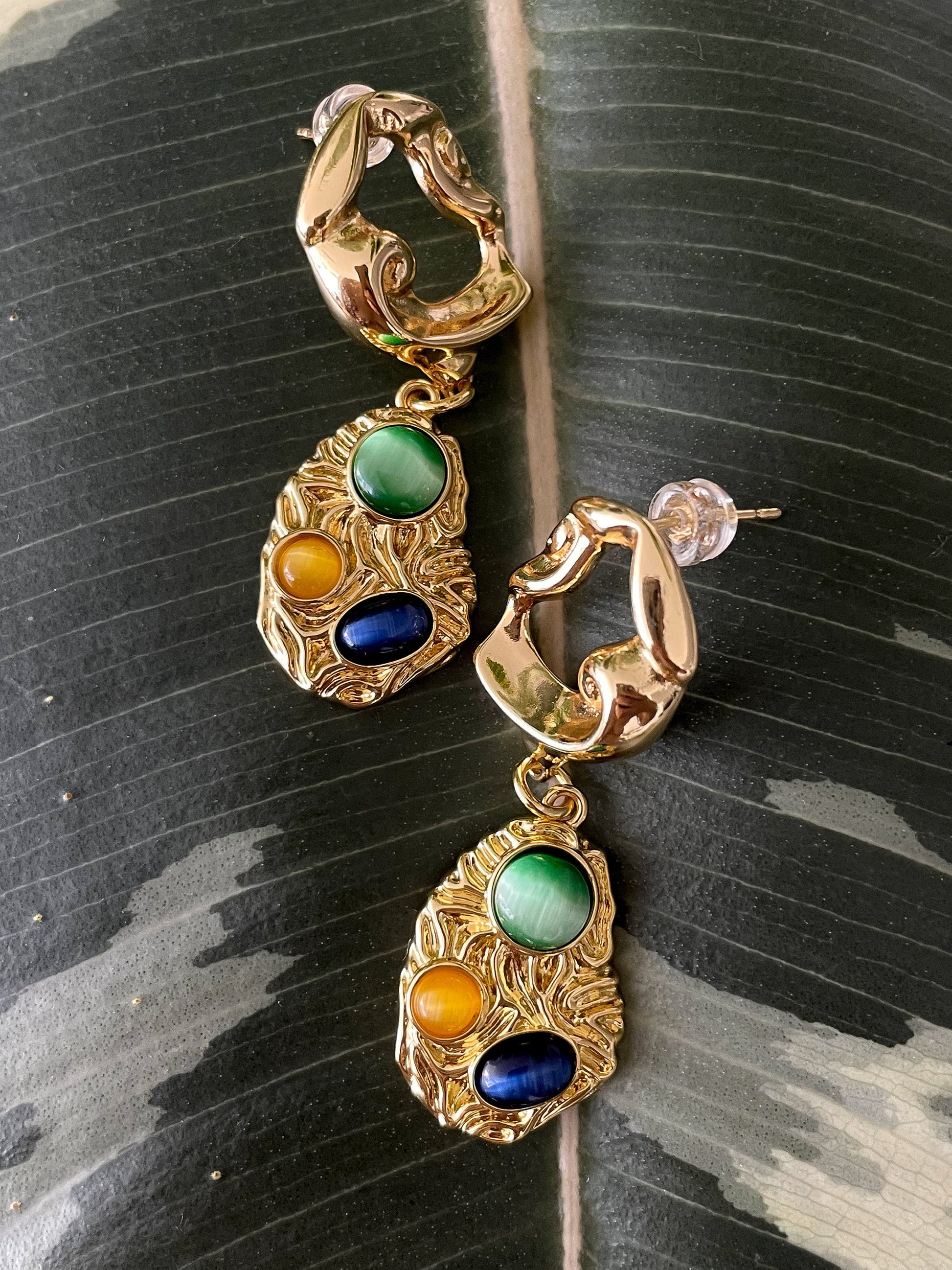 Gold Dangle Earrings with Multi-Gemstones | Chunky Statement Drop Earrings 14k Gold Plated