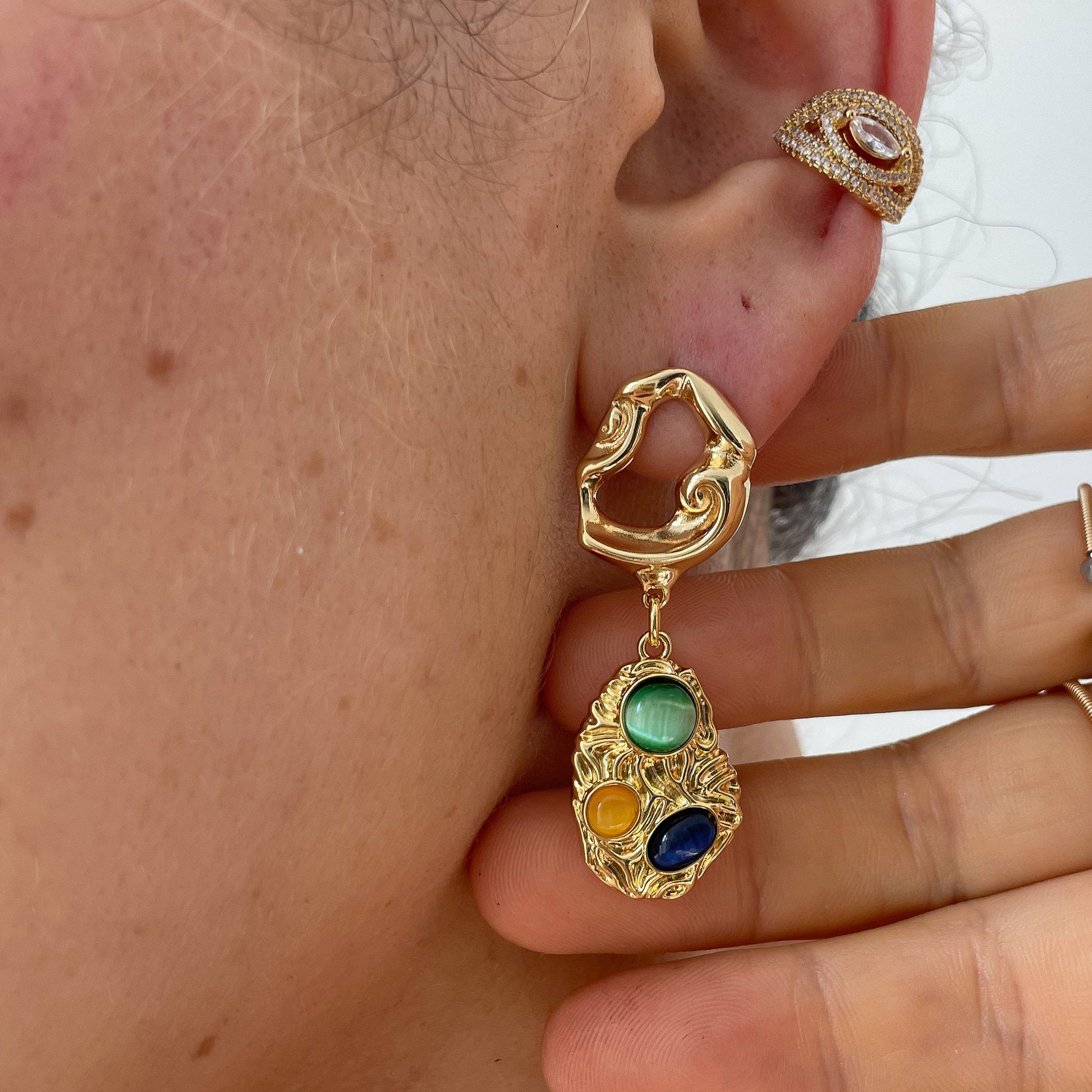 Gold Dangle Earrings with Multi-Gemstones | Chunky Statement Drop Earrings 14k Gold Plated