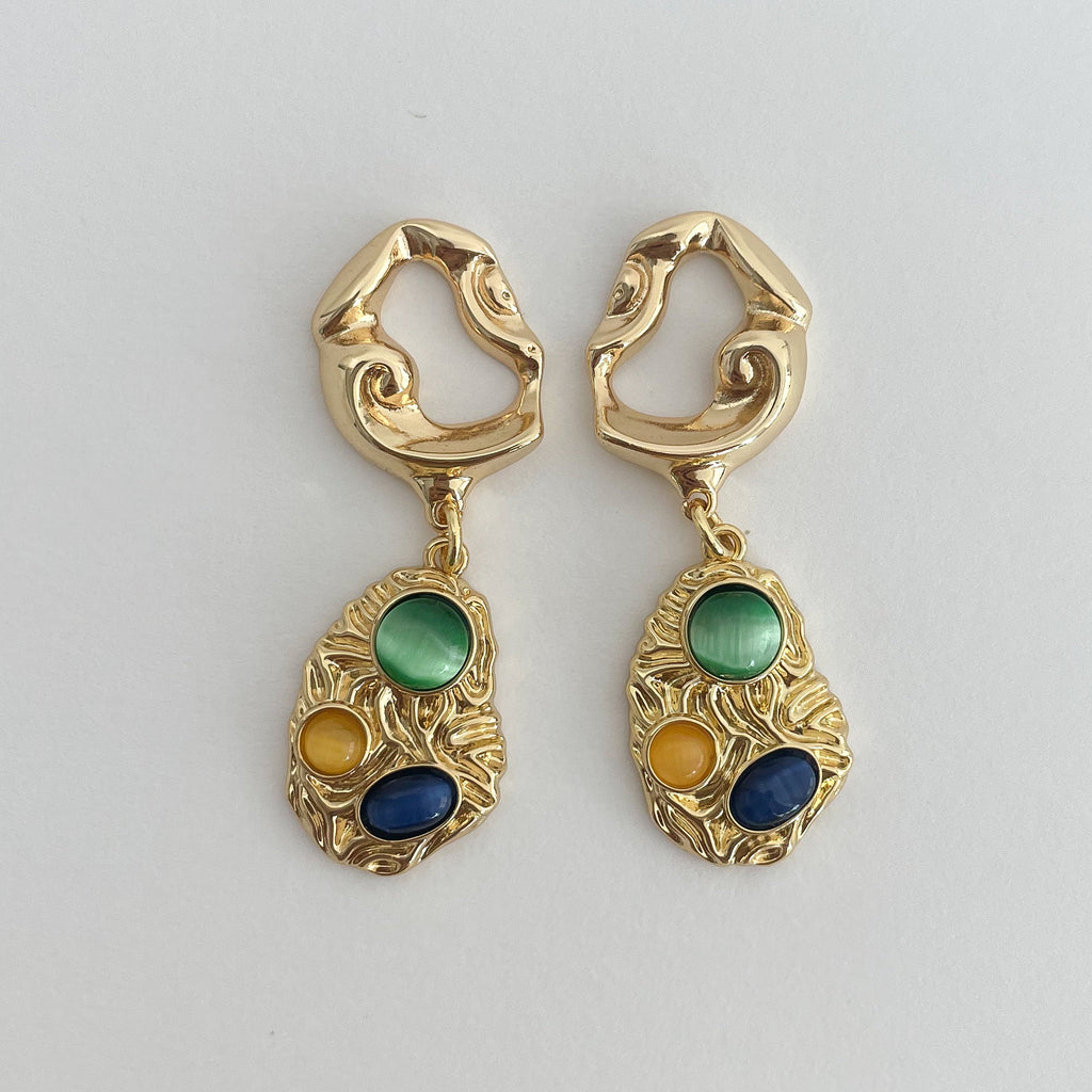 Gold Dangle Earrings with Multi-Gemstones | Chunky Statement Drop Earrings 14k Gold Plated
