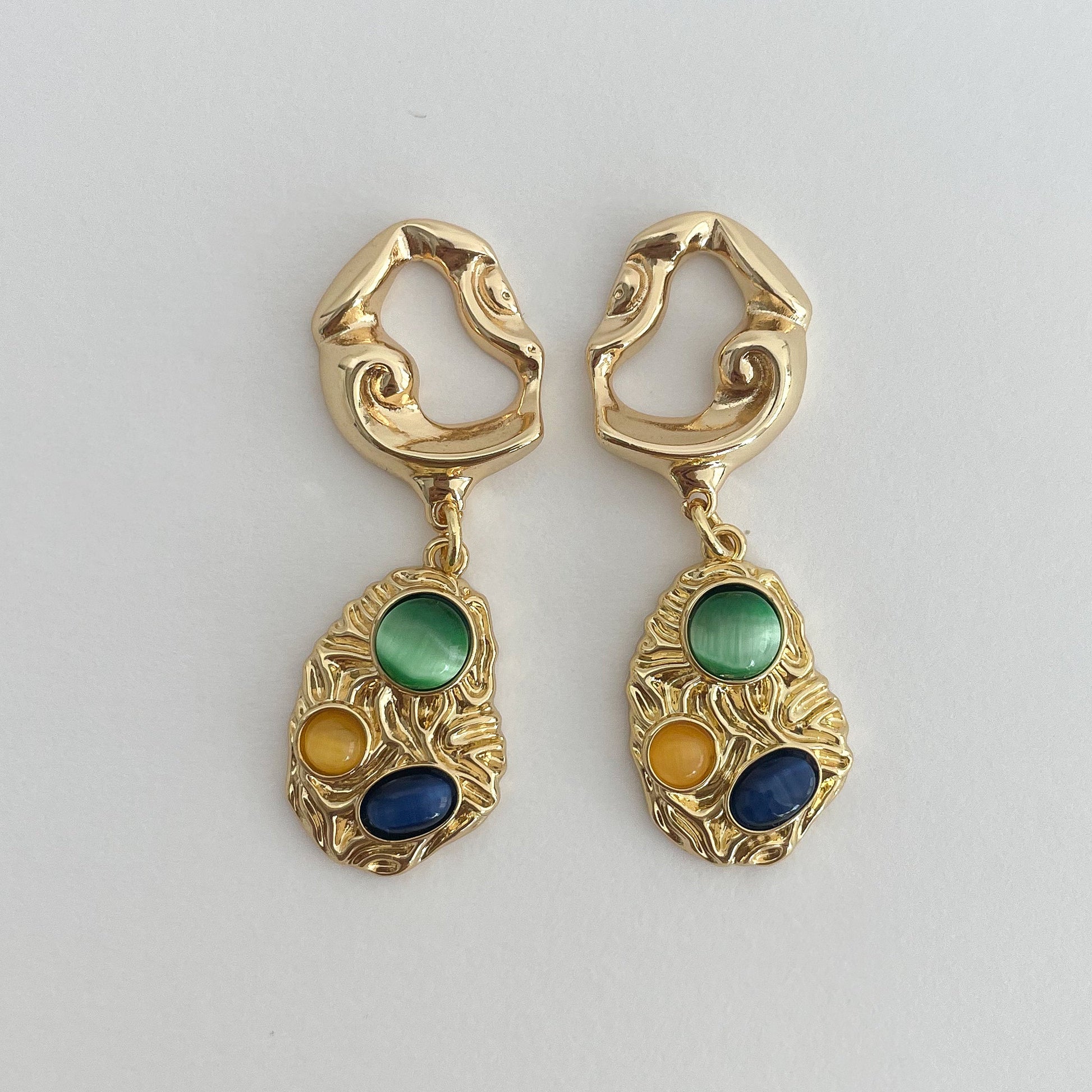 Gold Dangle Earrings with Multi-Gemstones | Chunky Statement Drop Earrings 14k Gold Plated