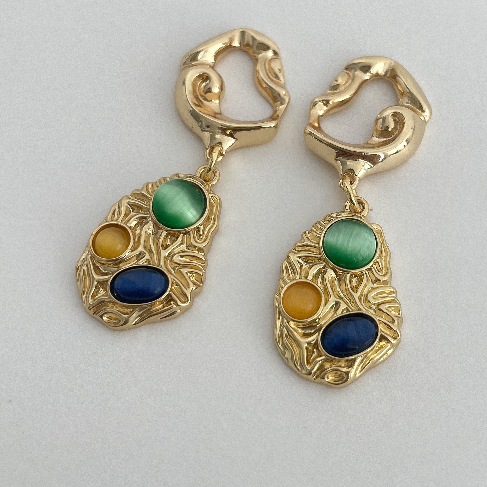 Gold Dangle Earrings with Multi-Gemstones | Chunky Statement Drop Earrings 14k Gold Plated