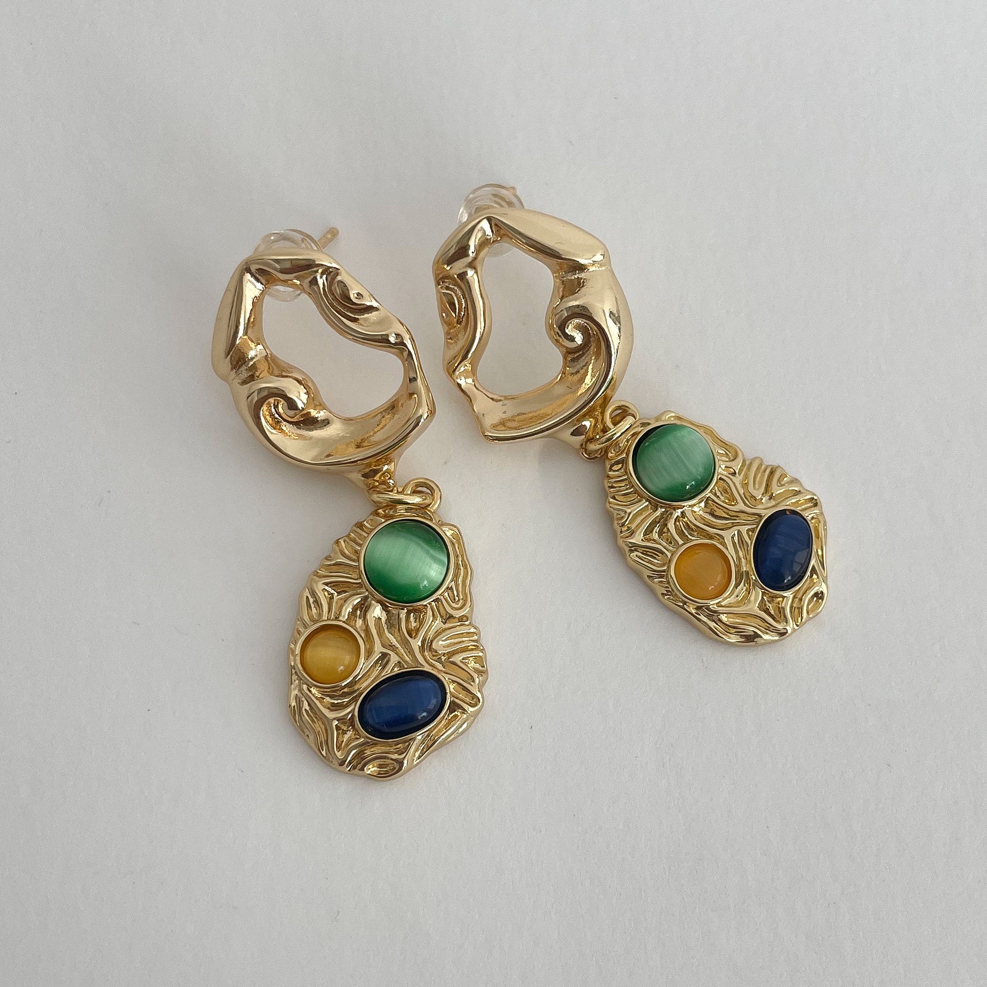 Gold Dangle Earrings with Multi-Gemstones | Chunky Statement Drop Earrings 14k Gold Plated