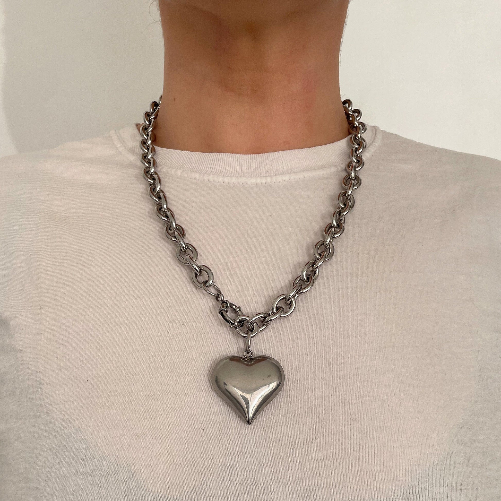 Stainless Steel Puffy Heart Necklace - Stylish Statement Piece