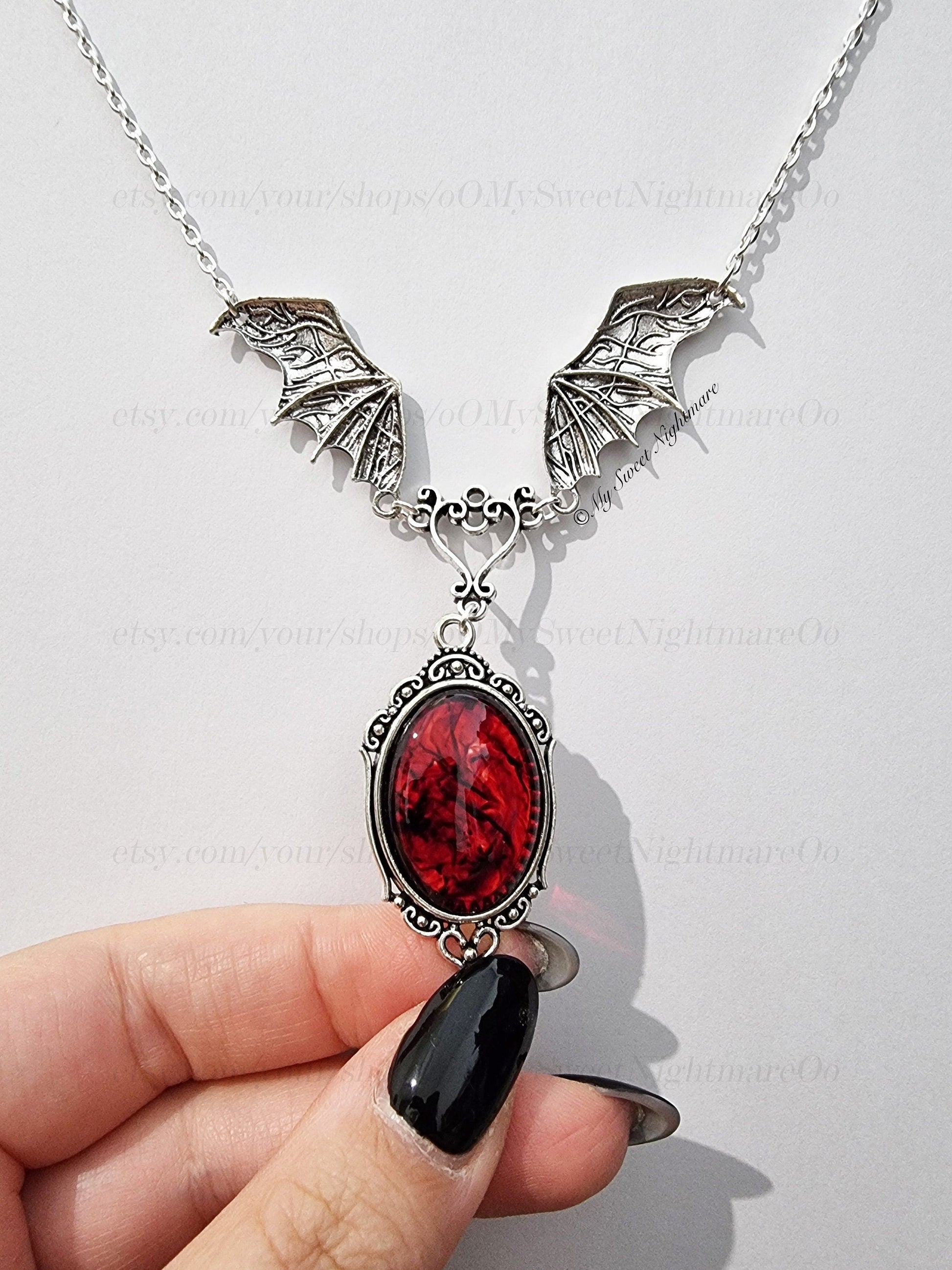 Handmade Gothic Vampire Bat Necklace with Red Bloody Cabochon – Unique Halloween Jewelry
