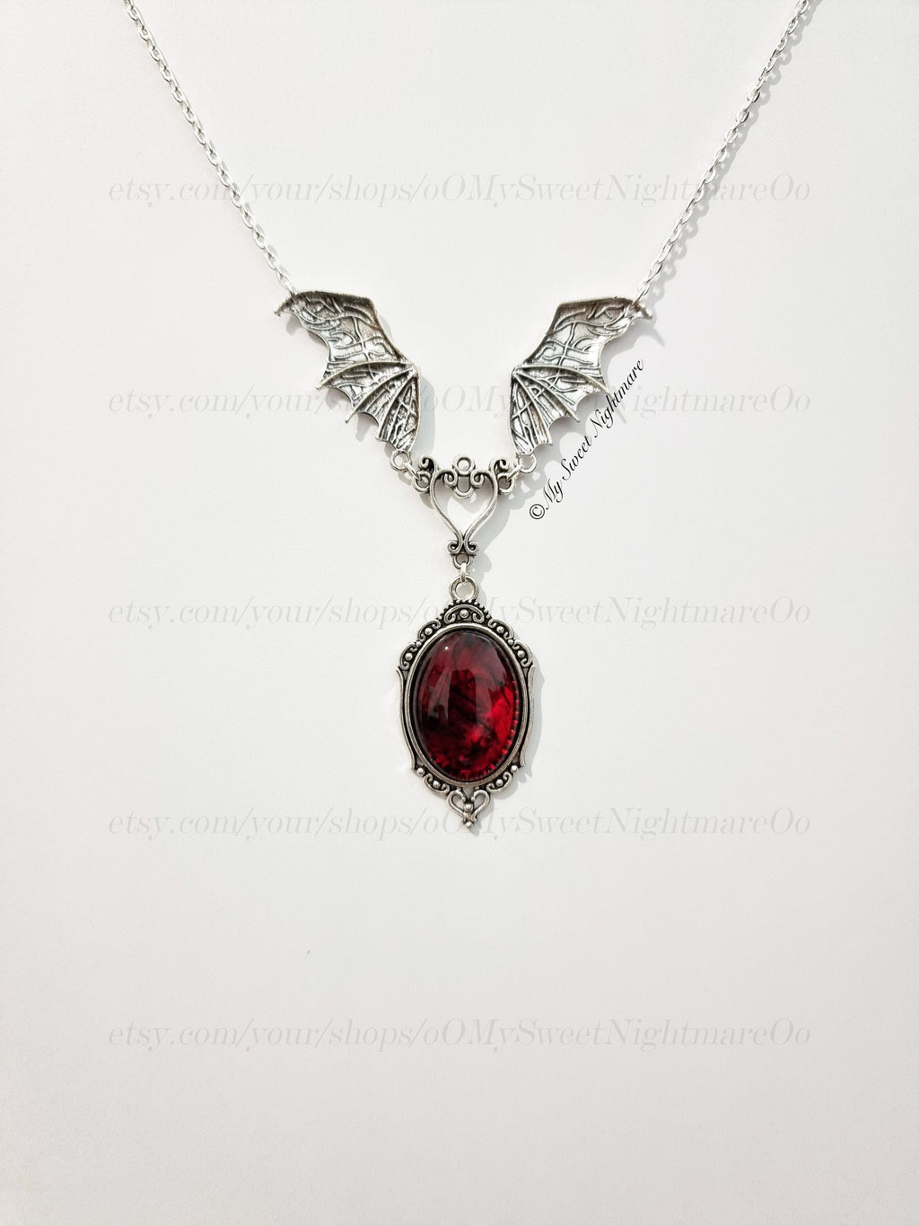 Handmade Gothic Vampire Bat Necklace with Red Bloody Cabochon – Unique Halloween Jewelry