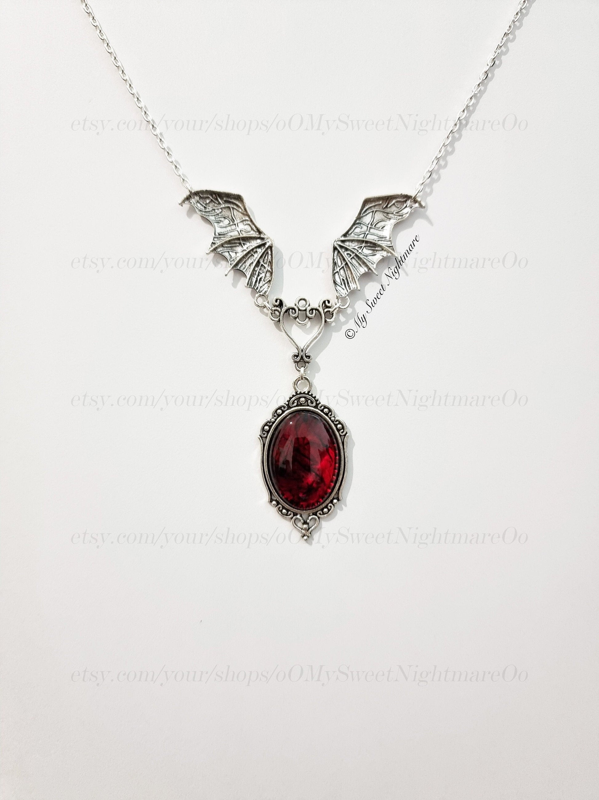 Handmade Gothic Vampire Bat Necklace with Red Bloody Cabochon – Unique Halloween Jewelry