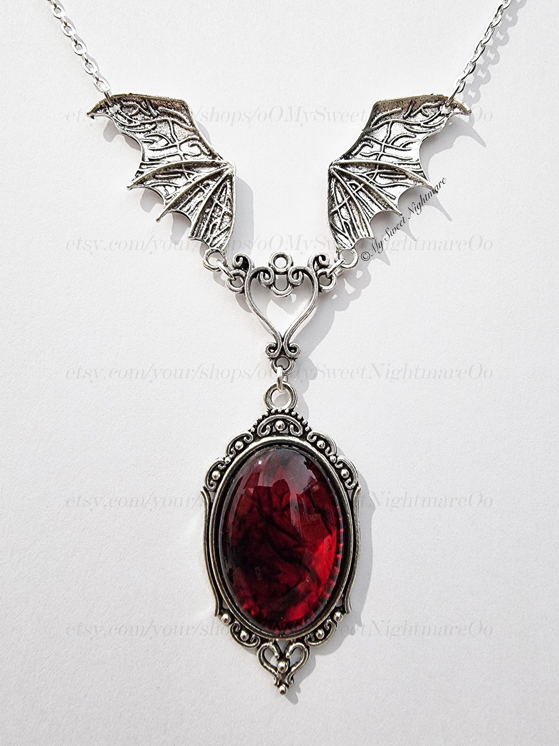 Handmade Gothic Vampire Bat Necklace with Red Bloody Cabochon – Unique Halloween Jewelry