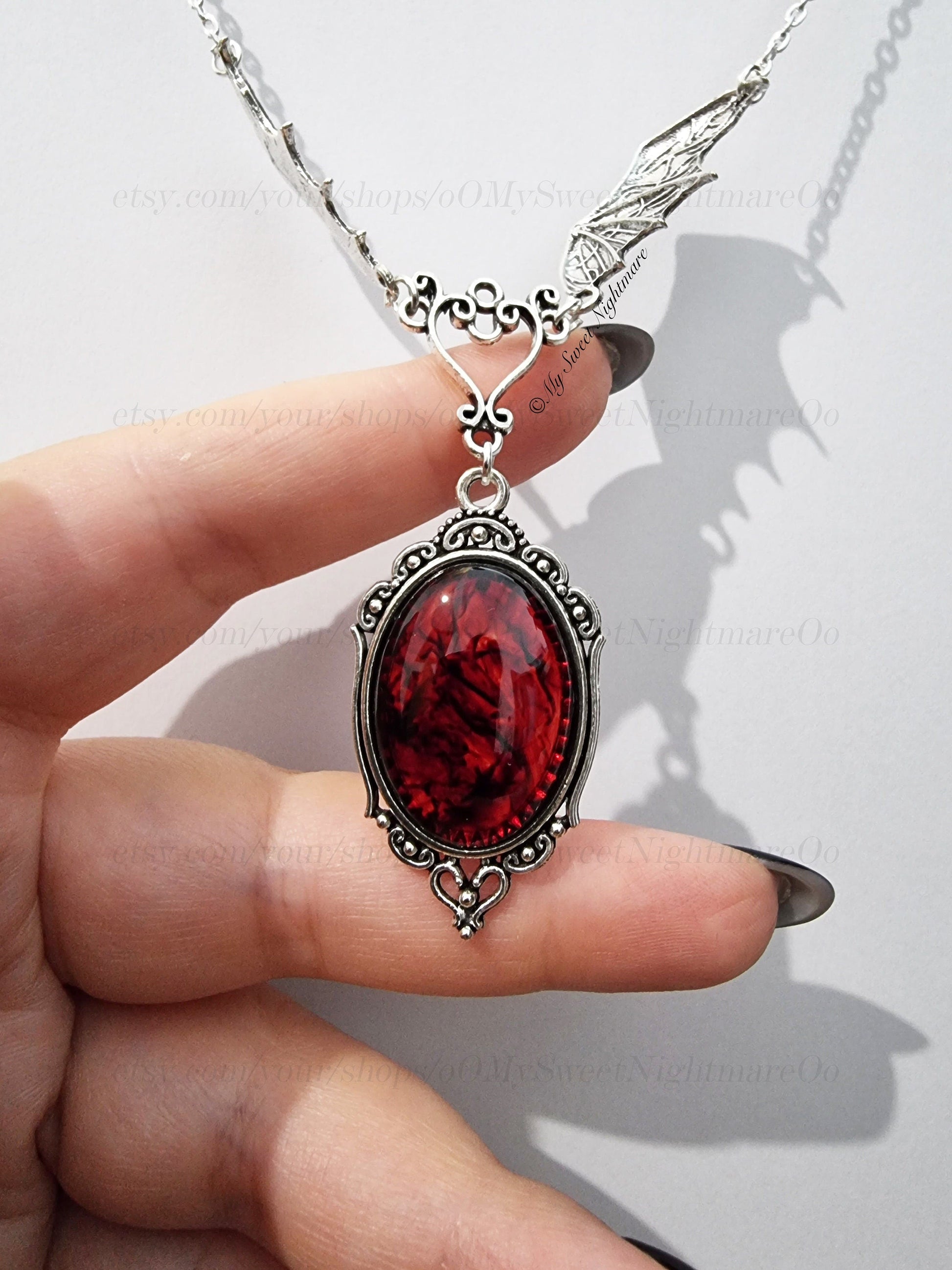Handmade Gothic Vampire Bat Necklace with Red Bloody Cabochon – Unique Halloween Jewelry