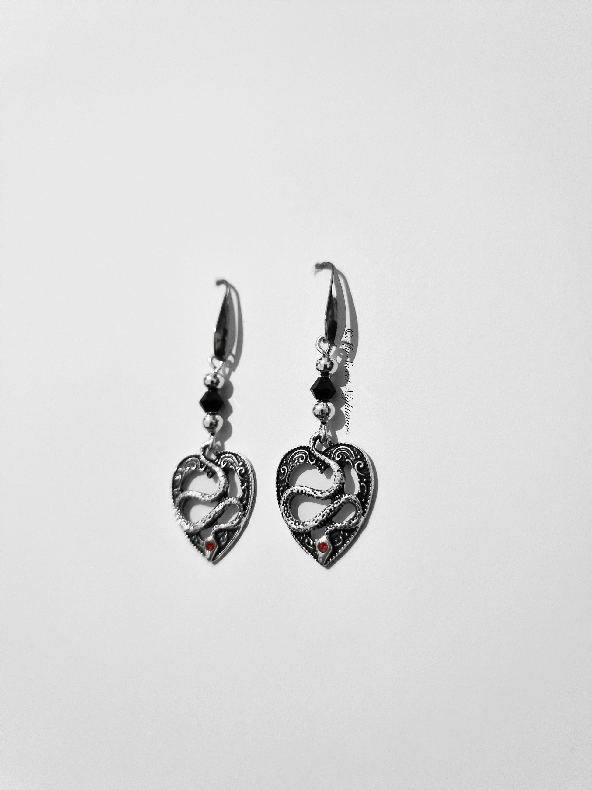 Black Crystal Gothic Snake Earrings | Unique Heart Design | Alternative Jewelry