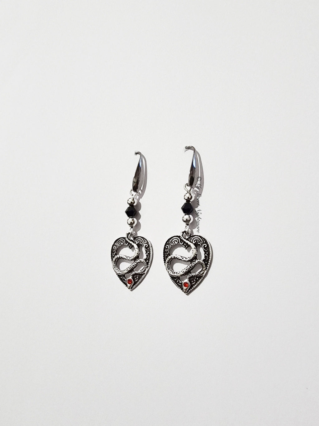 Black Crystal Gothic Snake Earrings | Unique Heart Design | Alternative Jewelry