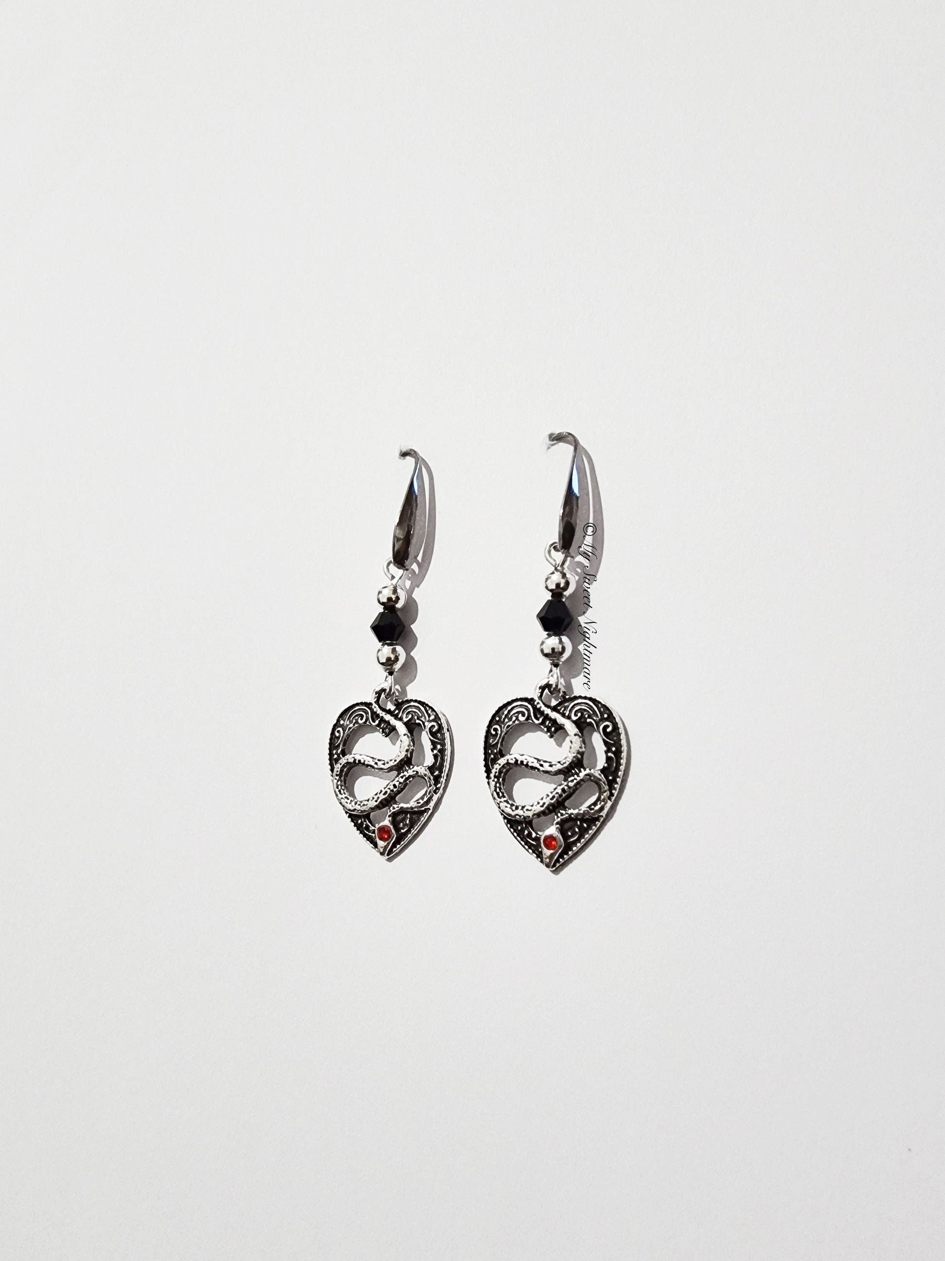 Black Crystal Gothic Snake Earrings | Unique Heart Design | Alternative Jewelry