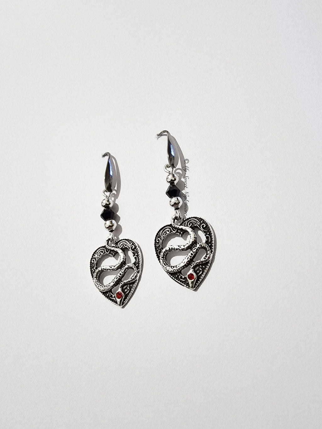 Black Crystal Gothic Snake Earrings | Unique Heart Design | Alternative Jewelry