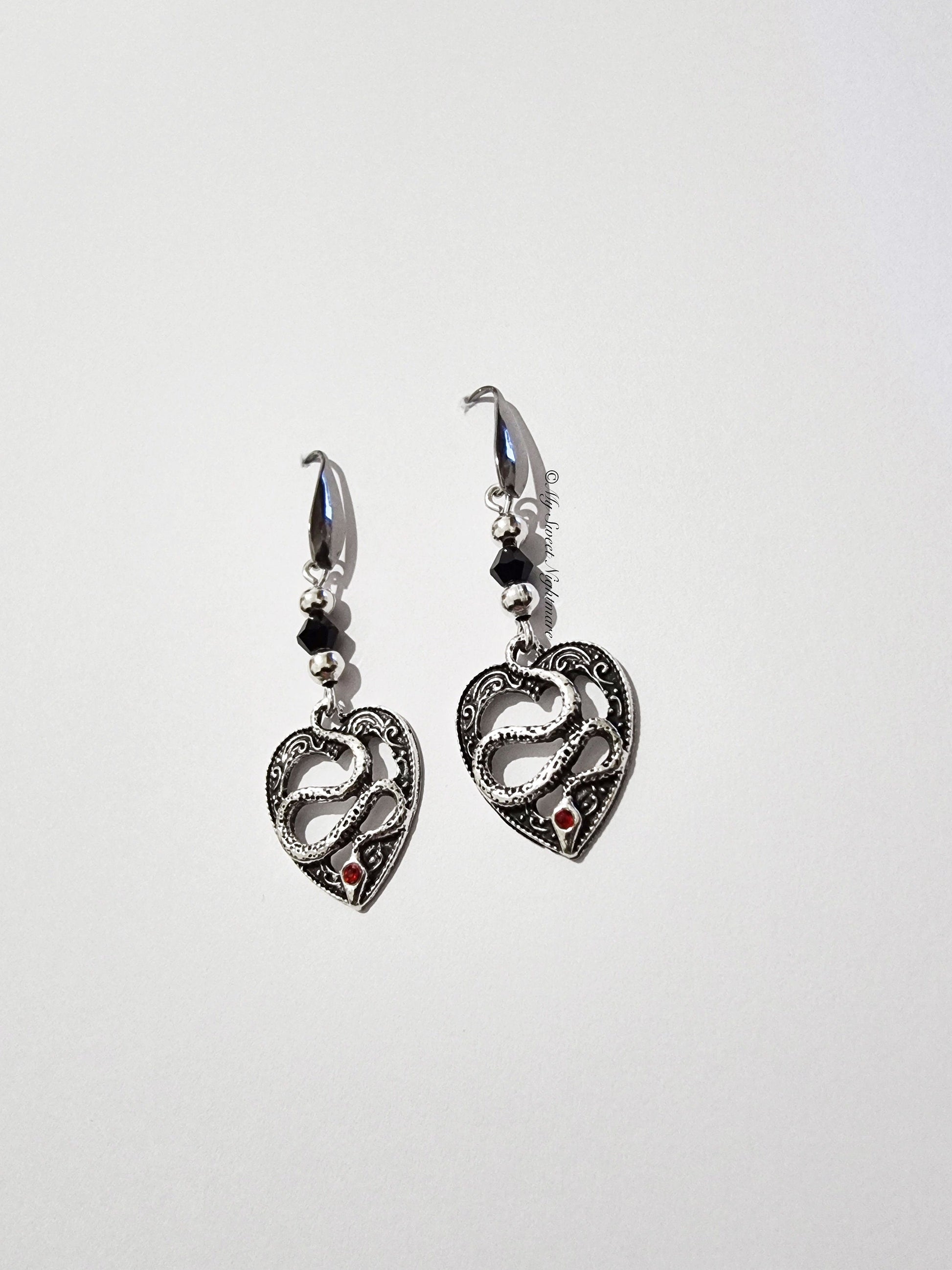 Black Crystal Gothic Snake Earrings | Unique Heart Design | Alternative Jewelry