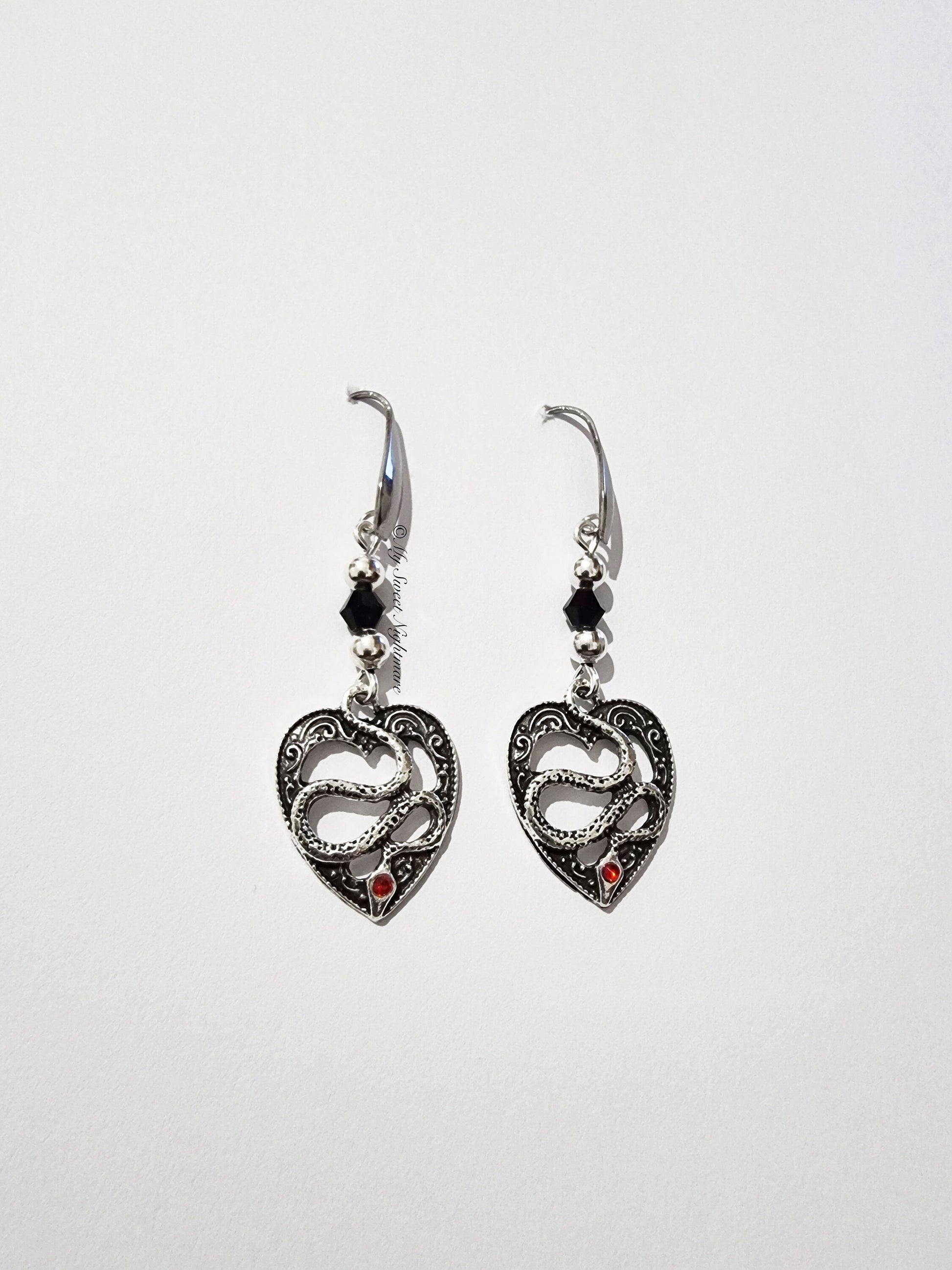 Black Crystal Gothic Snake Earrings | Unique Heart Design | Alternative Jewelry