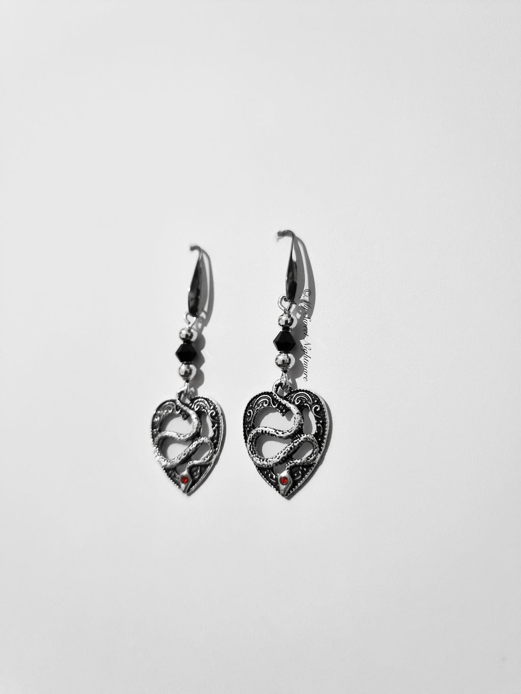 Black Crystal Gothic Snake Earrings | Unique Heart Design | Alternative Jewelry