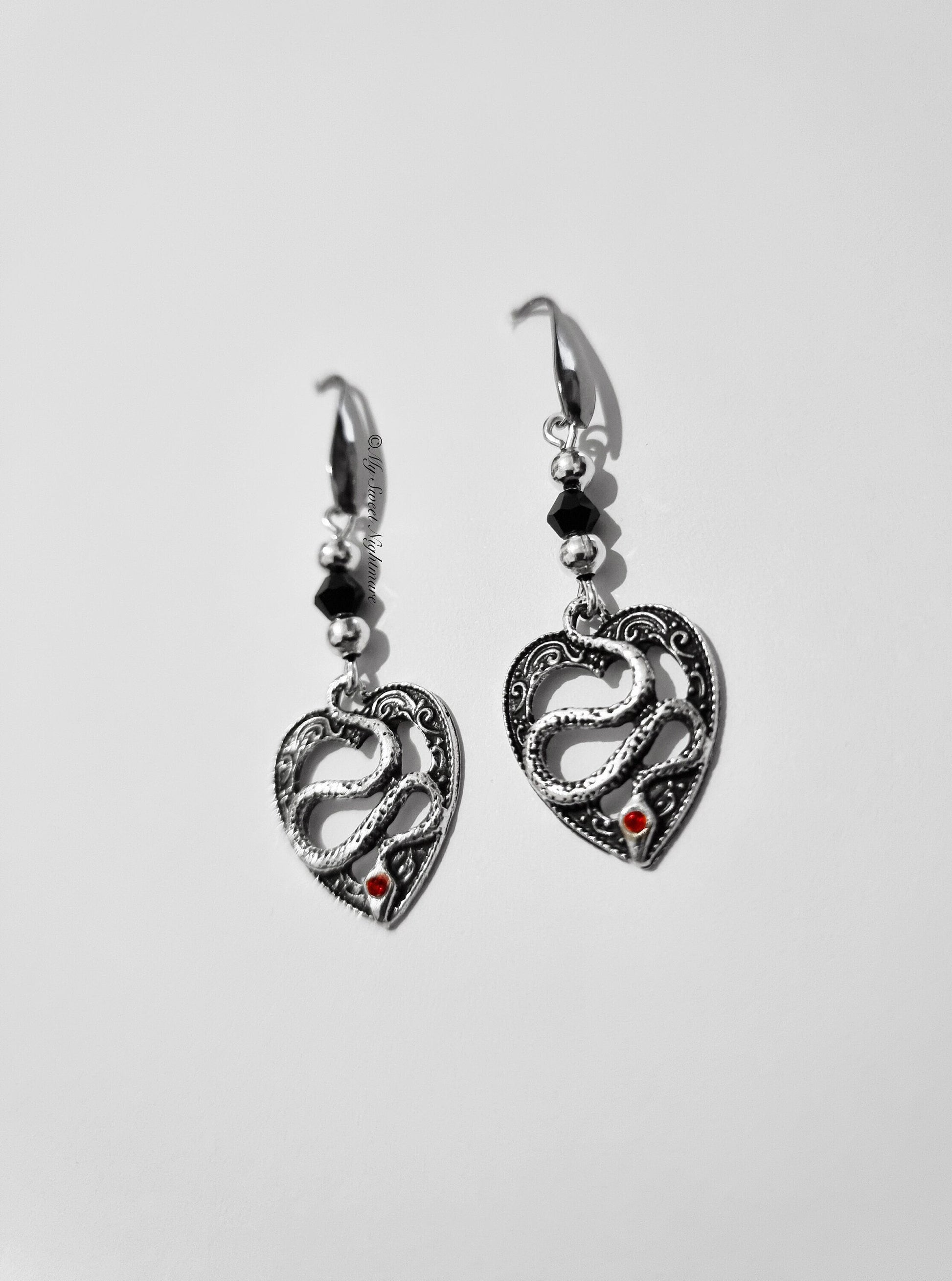 Black Crystal Gothic Snake Earrings | Unique Heart Design | Alternative Jewelry