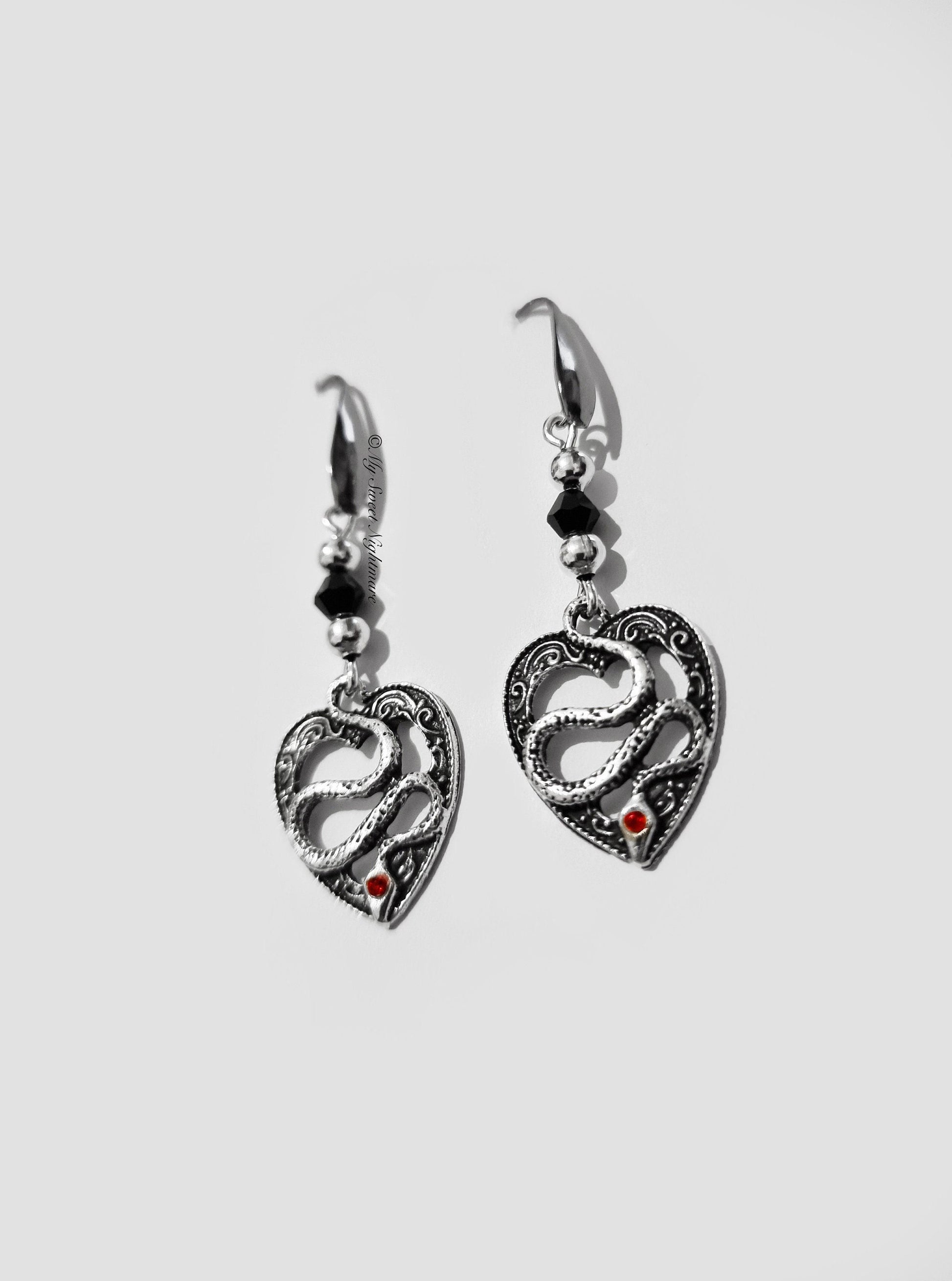 Black Crystal Gothic Snake Earrings | Unique Heart Design | Alternative Jewelry