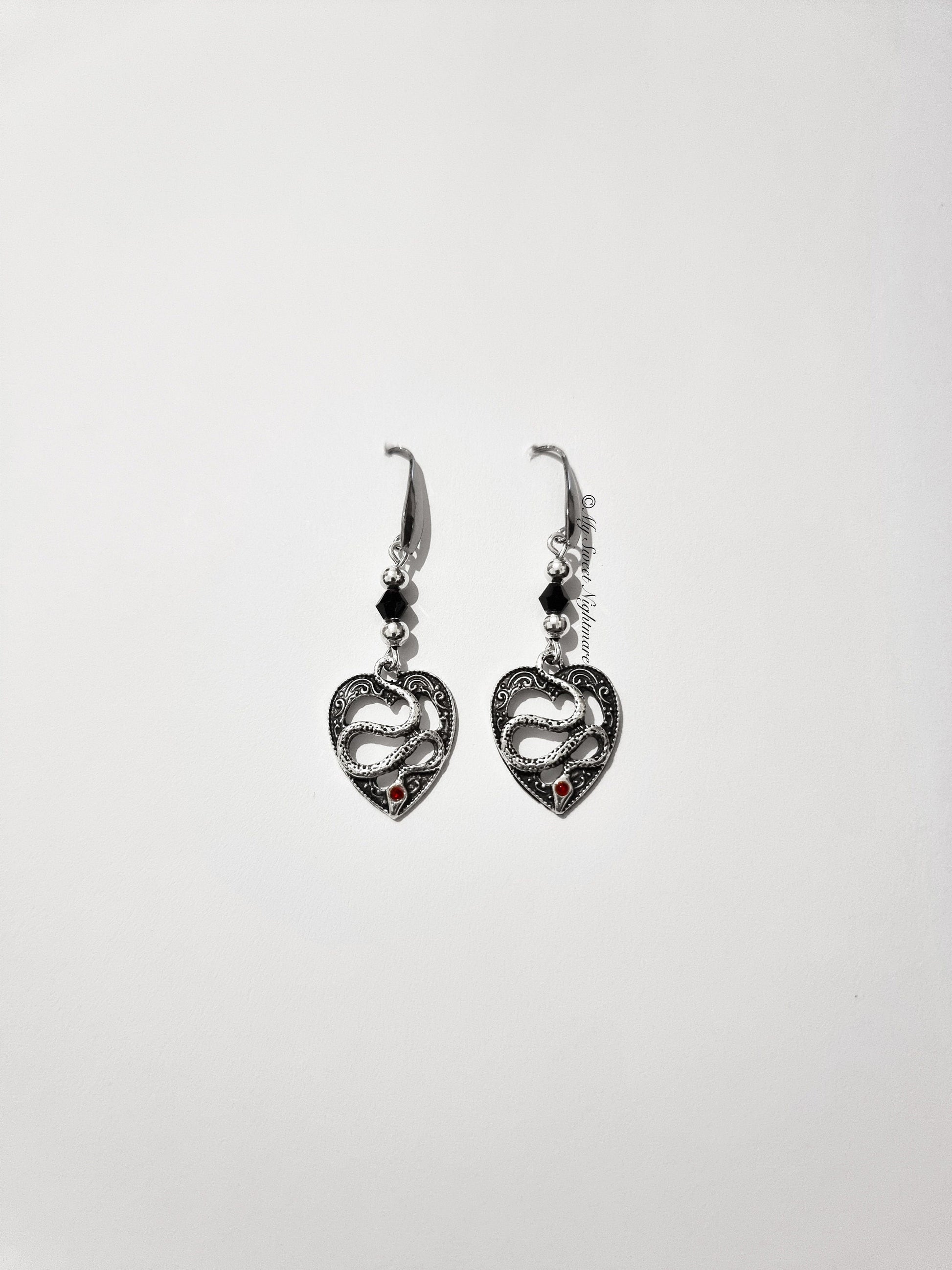 Black Crystal Gothic Snake Earrings | Unique Heart Design | Alternative Jewelry