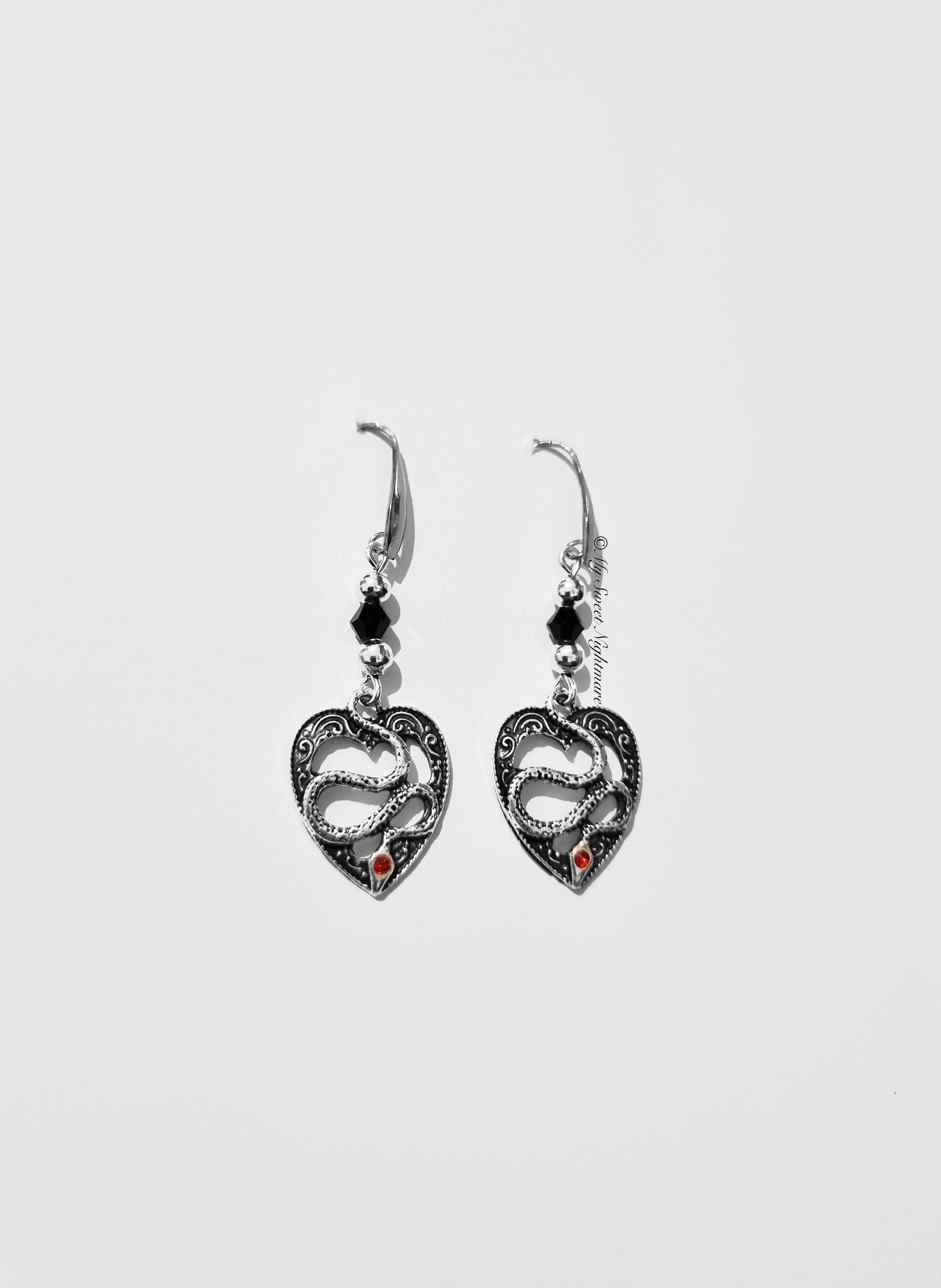 Black Crystal Gothic Snake Earrings | Unique Heart Design | Alternative Jewelry