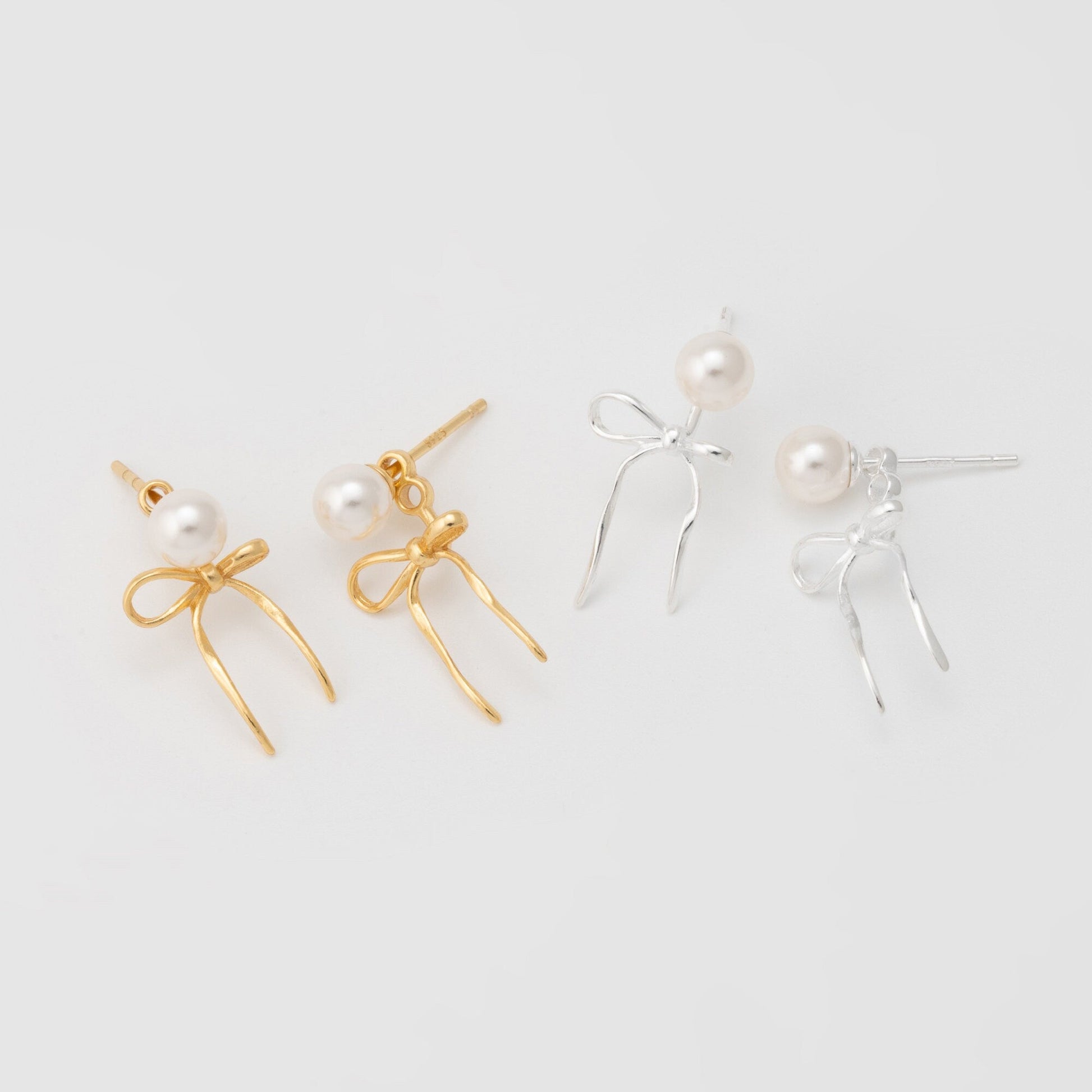 Sterling Silver Dainty Swarovski Pearl Bow Ear Jacket Earrings - Elegant Ribbon Design, Perfect Gift for Her