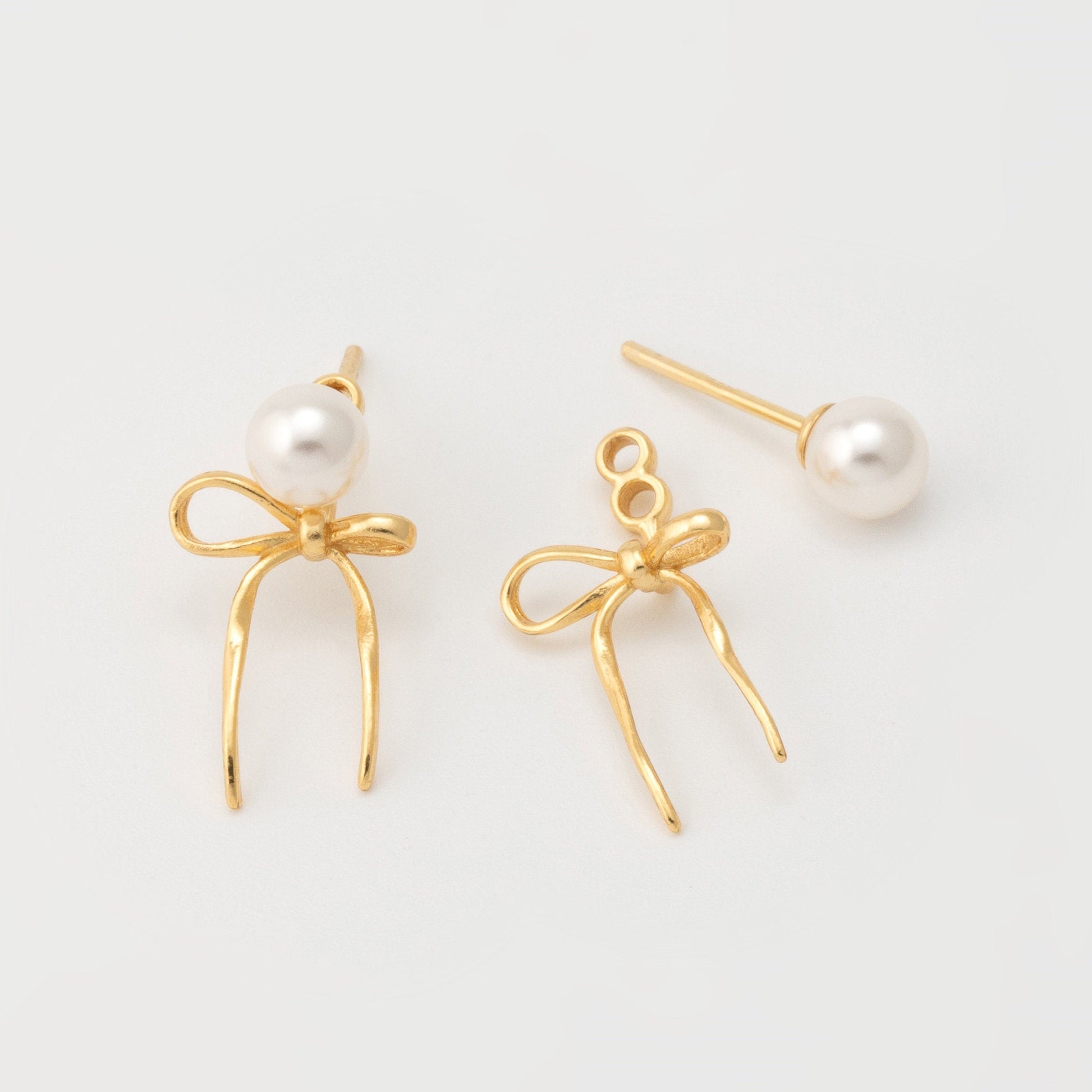 Sterling Silver Dainty Swarovski Pearl Bow Ear Jacket Earrings - Elegant Ribbon Design, Perfect Gift for Her