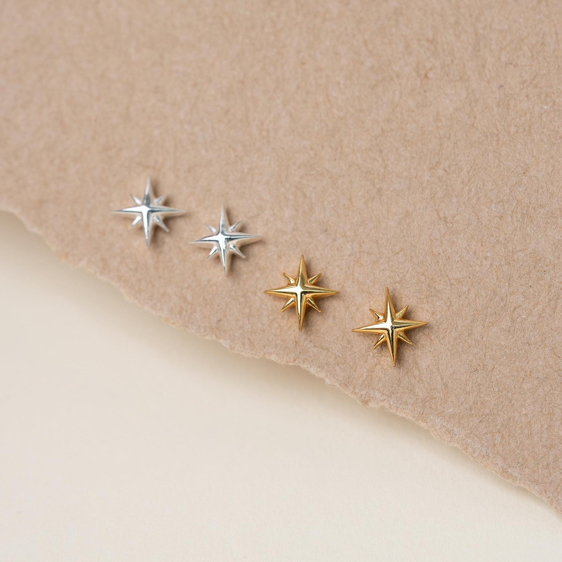 Minimalist Tiny Starburst Stud Earrings in Sterling Silver & Gold
