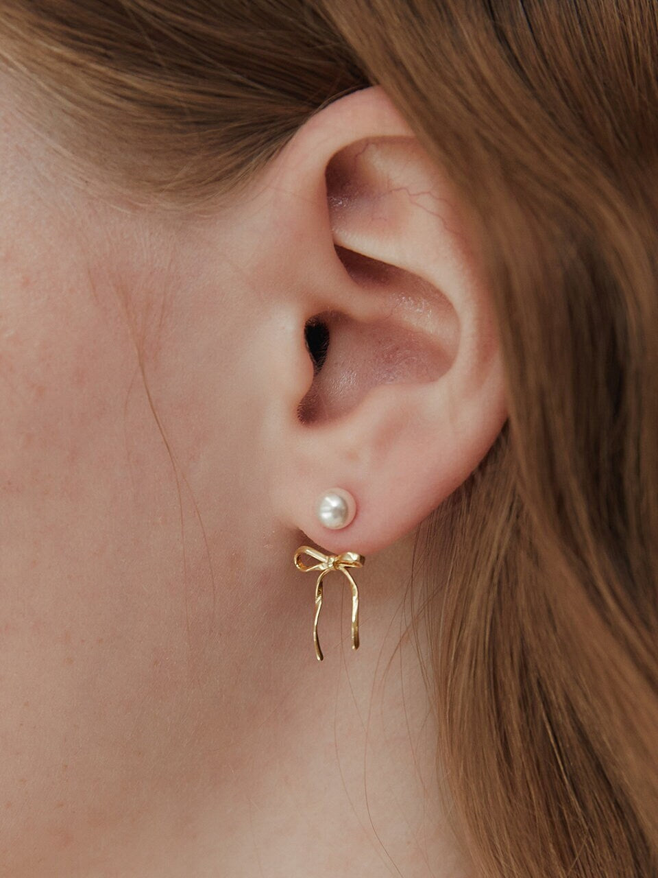 Sterling Silver Dainty Swarovski Pearl Bow Ear Jacket Earrings - Elegant Ribbon Design, Perfect Gift for Her