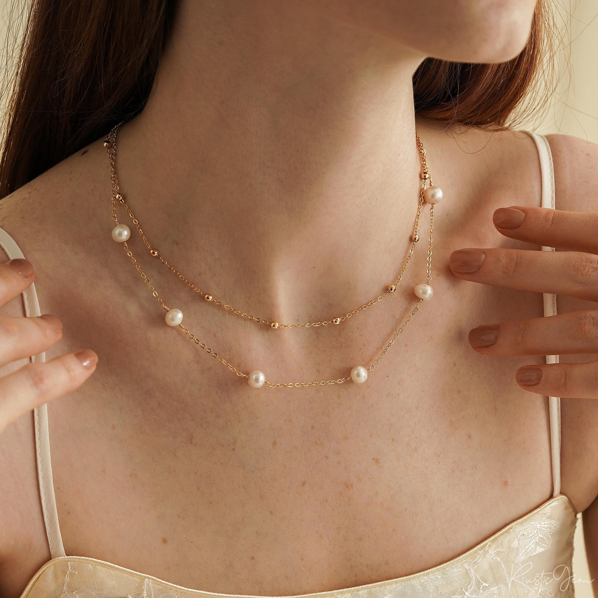 Elegant Double-Layer Freshwater Pearl Choker Necklace - 14k Plated Gold