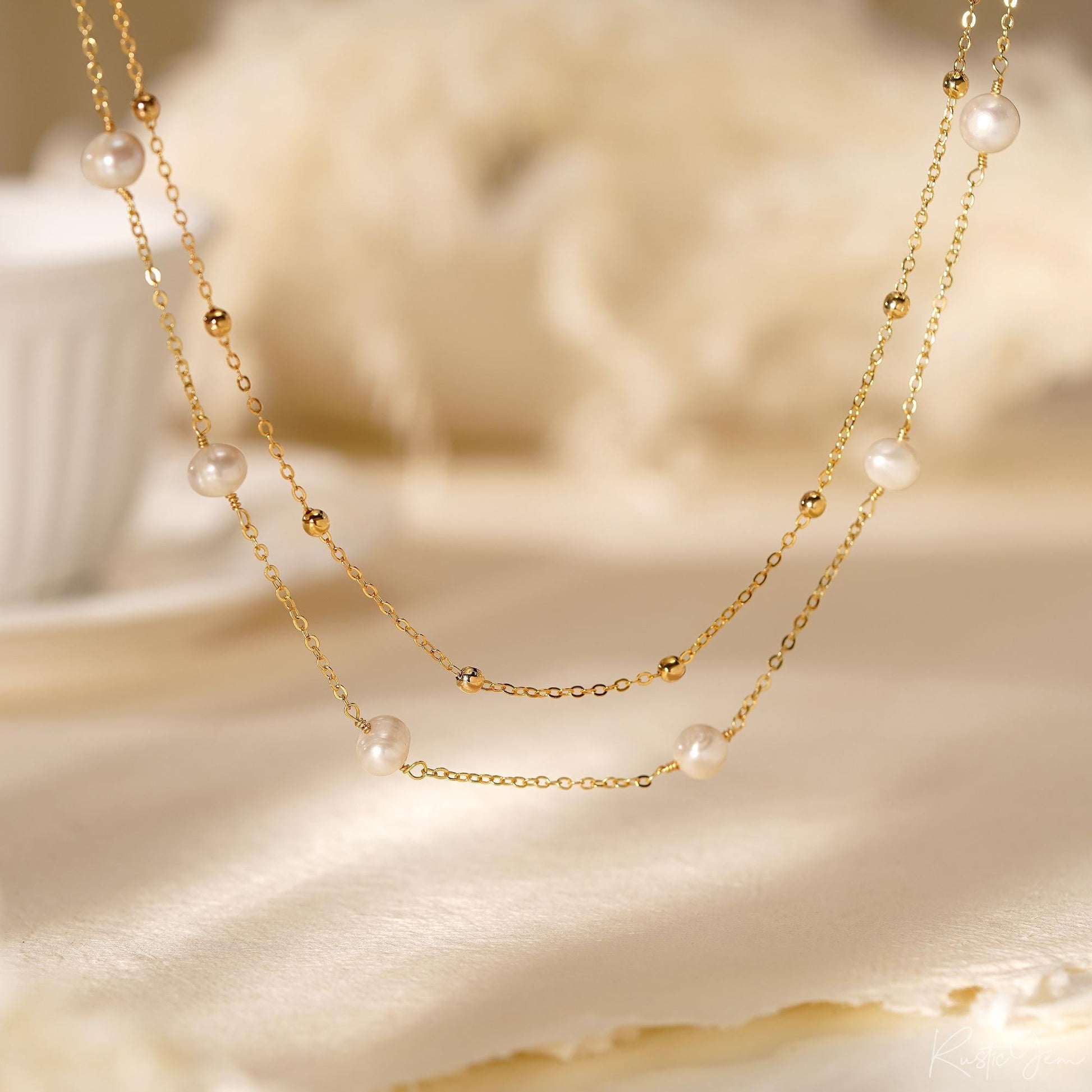 Elegant Double-Layer Freshwater Pearl Choker Necklace - 14k Plated Gold