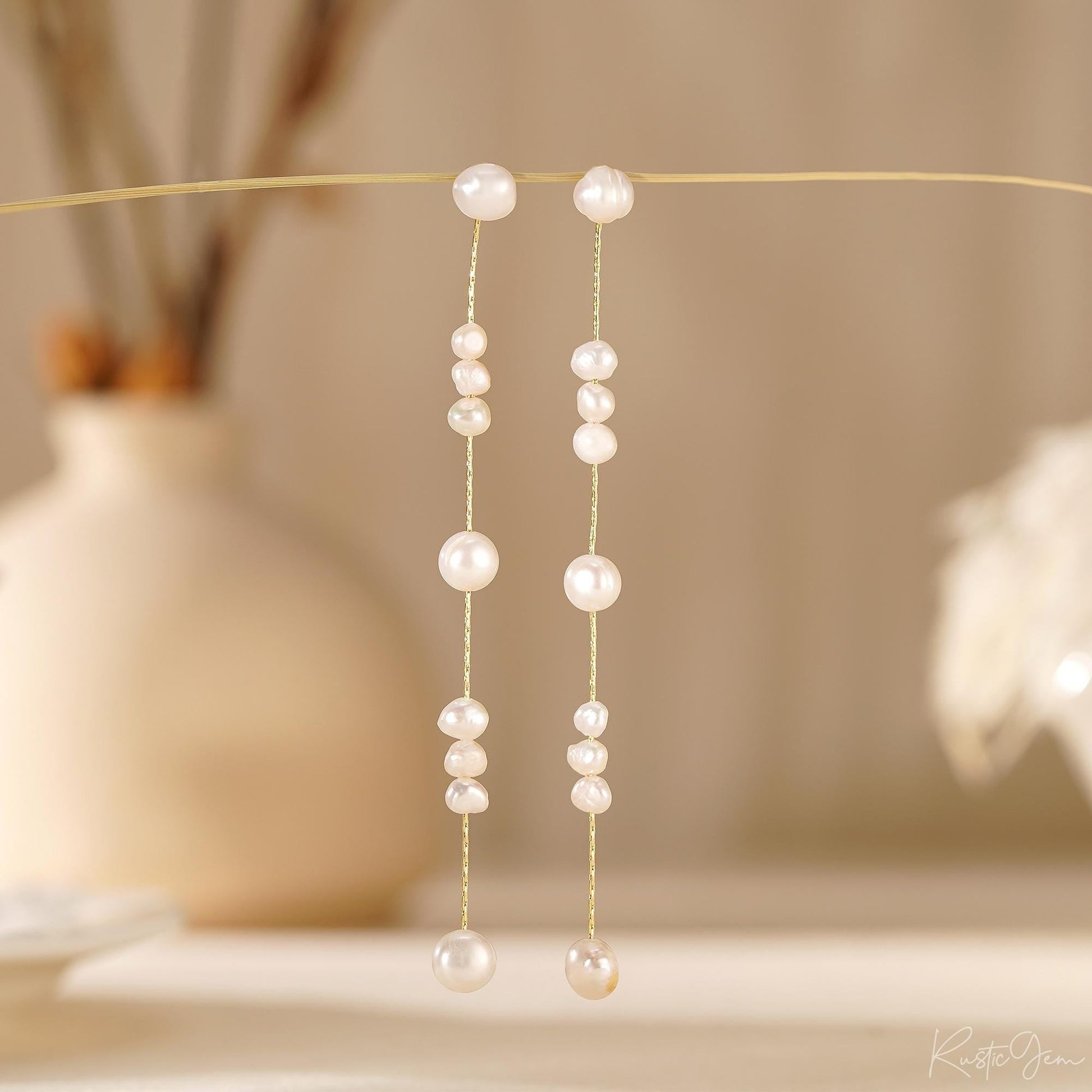 Handmade Long Pearl Drop Earrings - Natural Freshwater Pearls, Elegant Bridal Gift