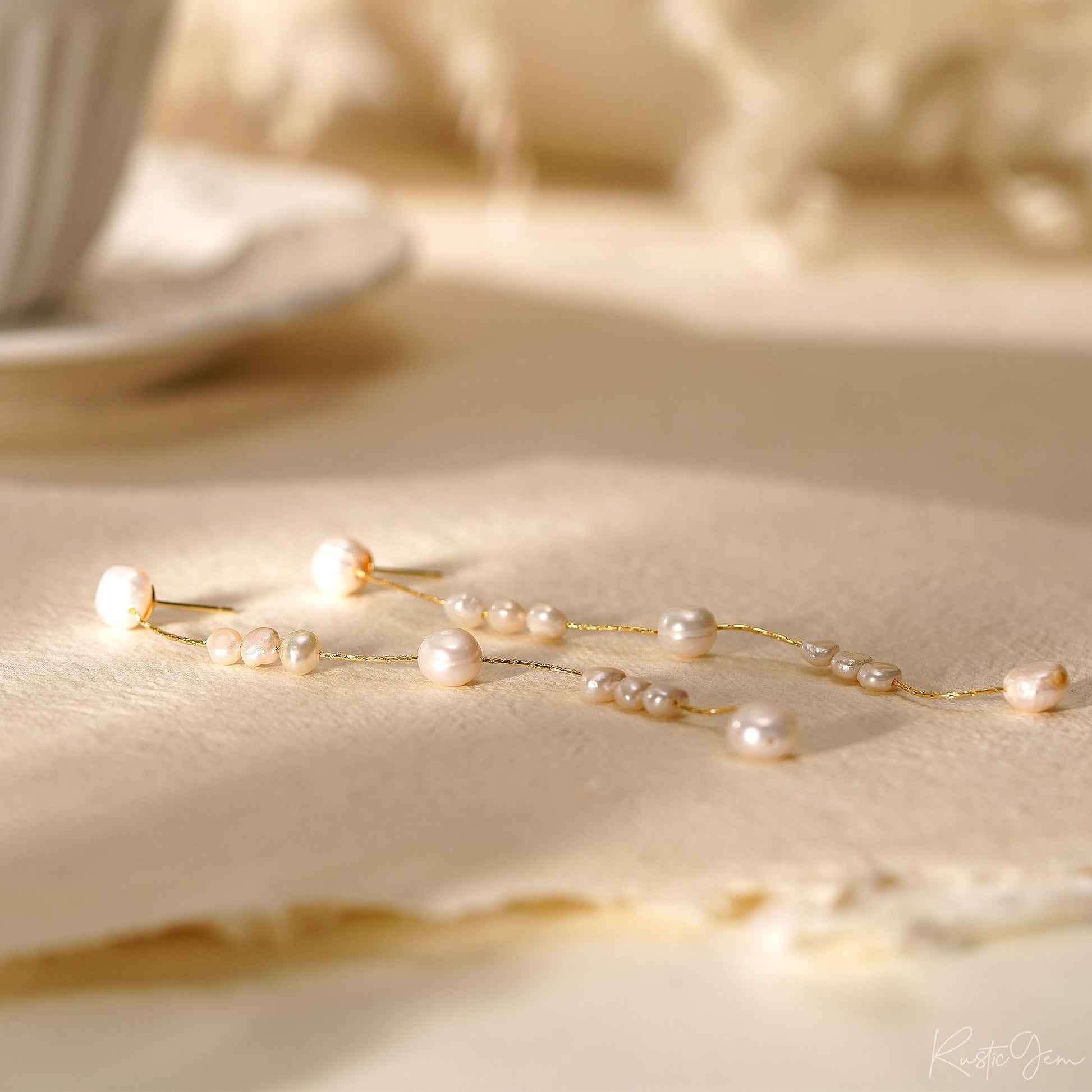Handmade Long Pearl Drop Earrings - Natural Freshwater Pearls, Elegant Bridal Gift