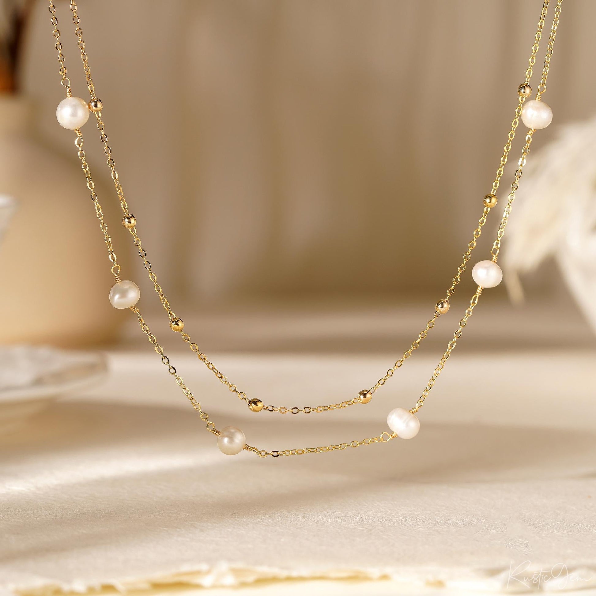 Elegant Double-Layer Freshwater Pearl Choker Necklace - 14k Plated Gold