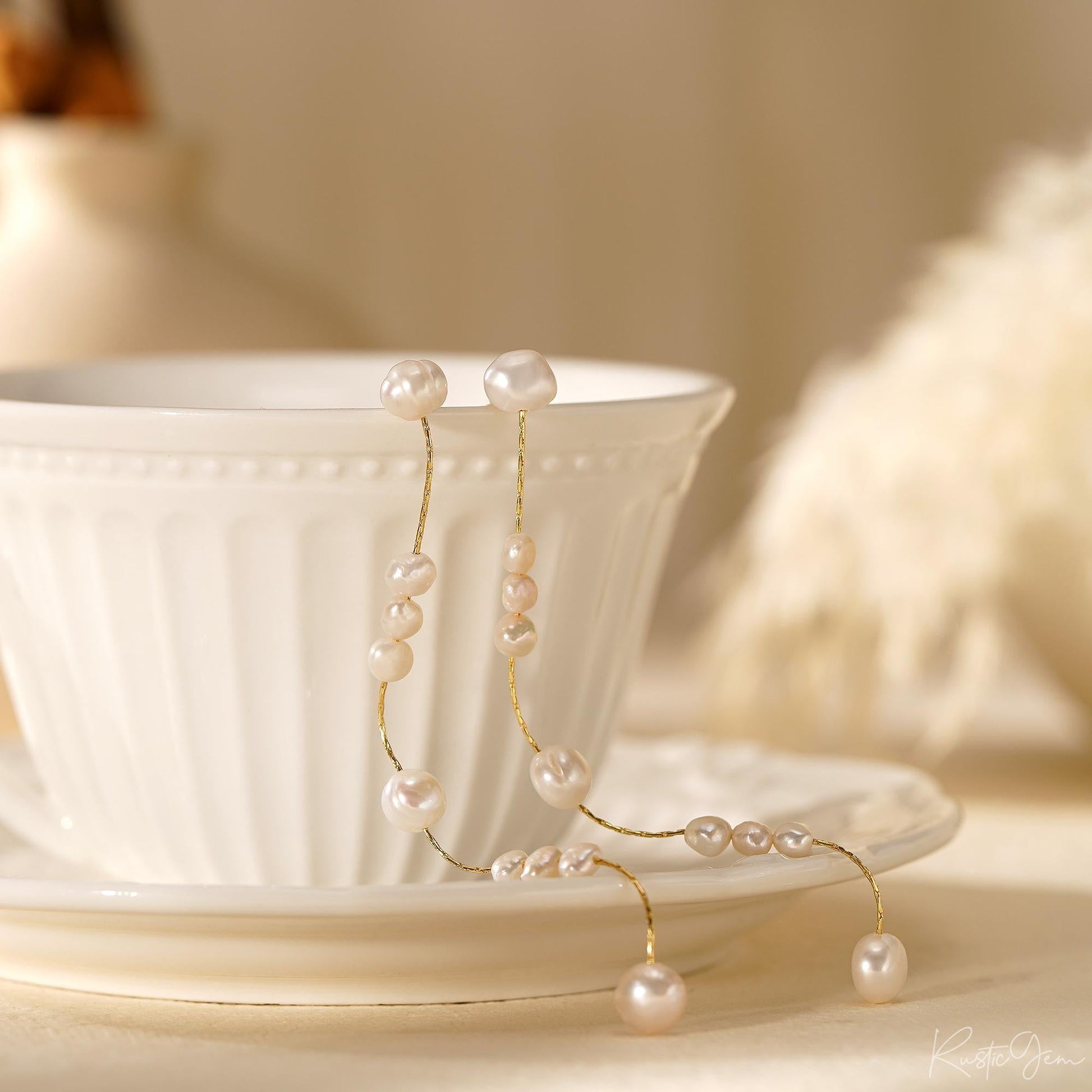 Handmade Long Pearl Drop Earrings - Natural Freshwater Pearls, Elegant Bridal Gift