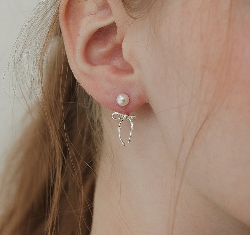 Sterling Silver Dainty Swarovski Pearl Bow Ear Jacket Earrings - Elegant Ribbon Design, Perfect Gift for Her